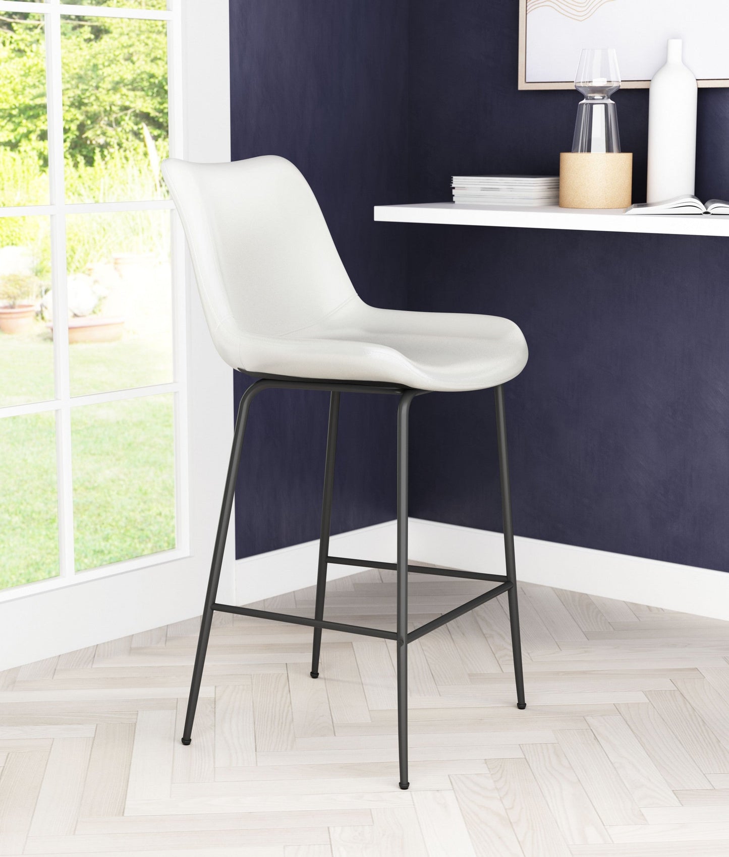 HomeRoots 26" White Low Back Counter Height Bar Chair With Black Steel Base