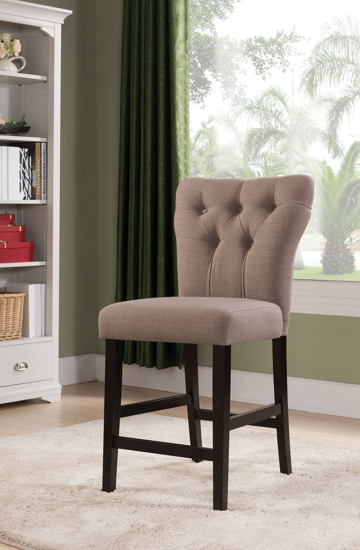 HomeRoots 26" x 21" x 41" Light Brown Linen And Walnut Counter Height Chair in Set of Two
