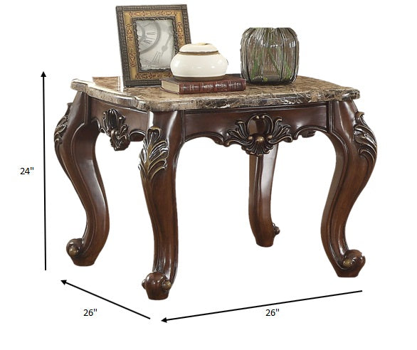 HomeRoots 26" x 26" x 24" Marble and Wood End Table in Dark Walnut Finish