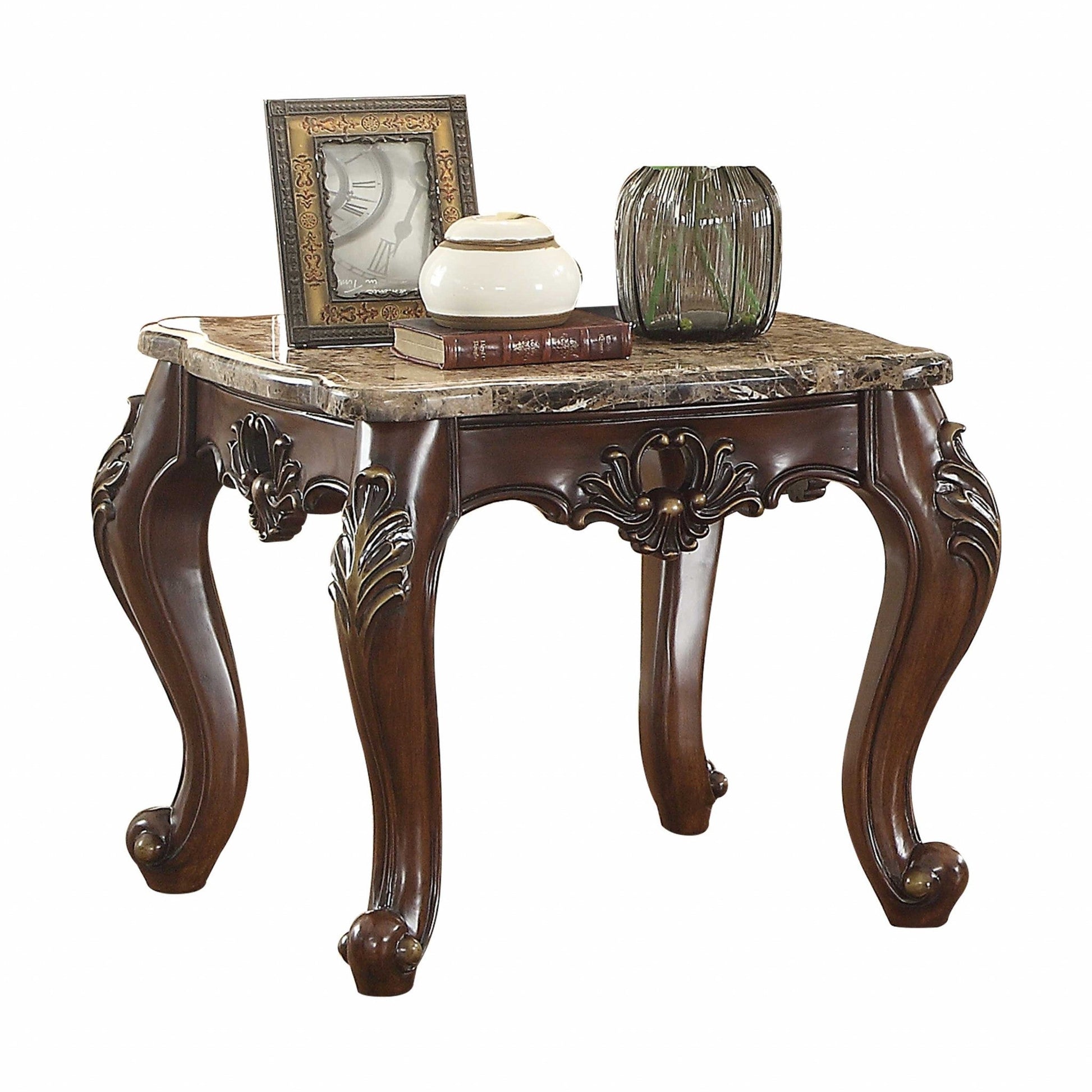 HomeRoots 26" x 26" x 24" Marble and Wood End Table in Dark Walnut Finish