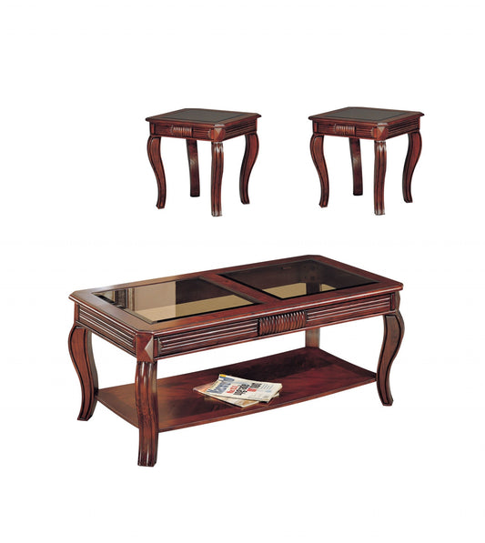 HomeRoots 26" x 50" x 20" 3-Piece Pack Coffee End Table Set With Cherry Wood and Smoky Glass Finish