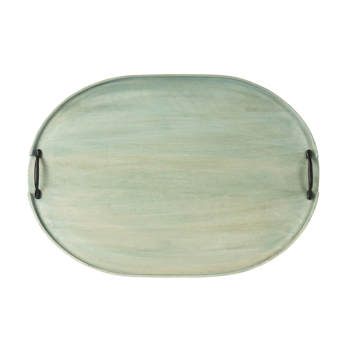 HomeRoots 27" Oval Mango Indoor Outdoor Tray With Handles in Green Finish