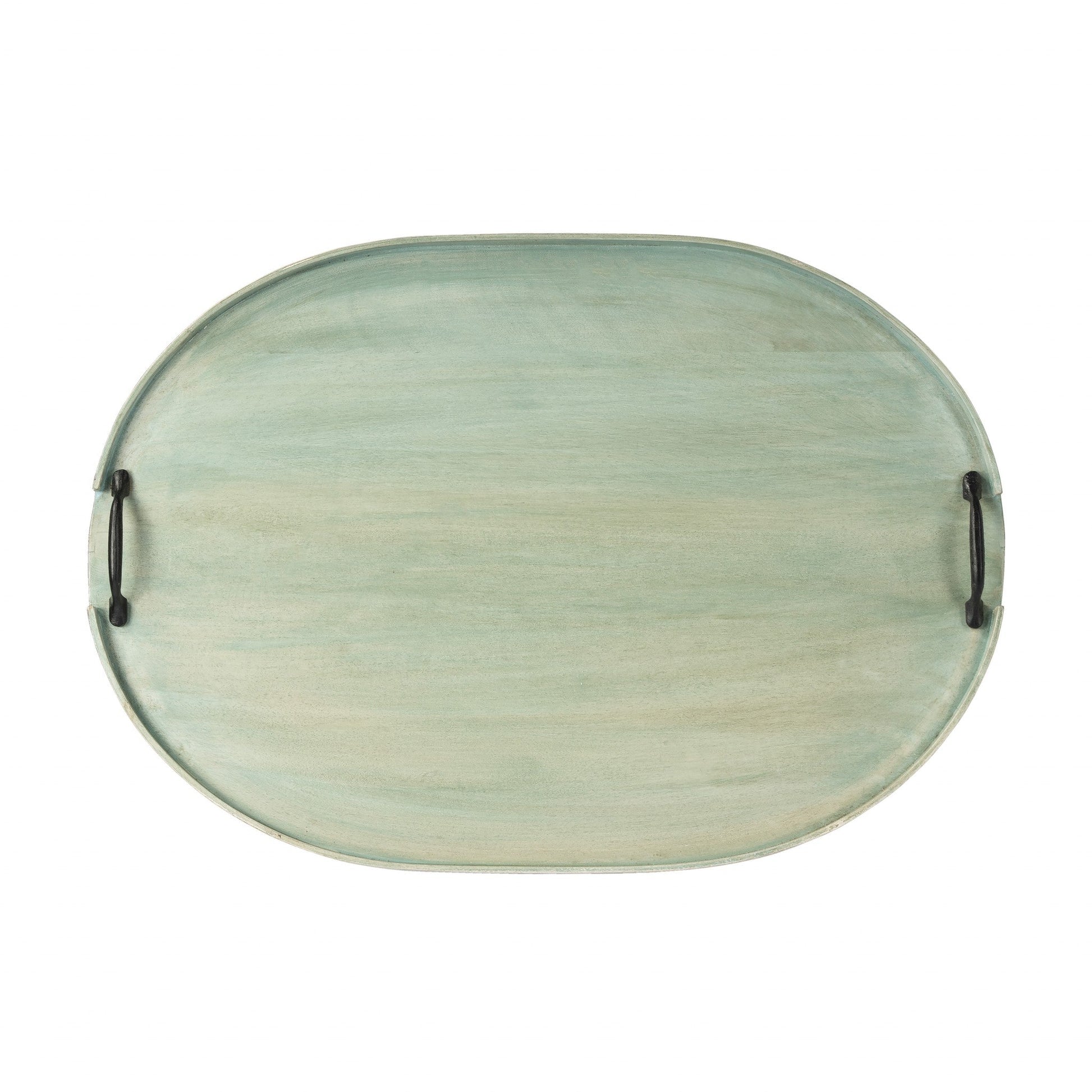 HomeRoots 27" Oval Mango Indoor Outdoor Tray With Handles in Green Finish