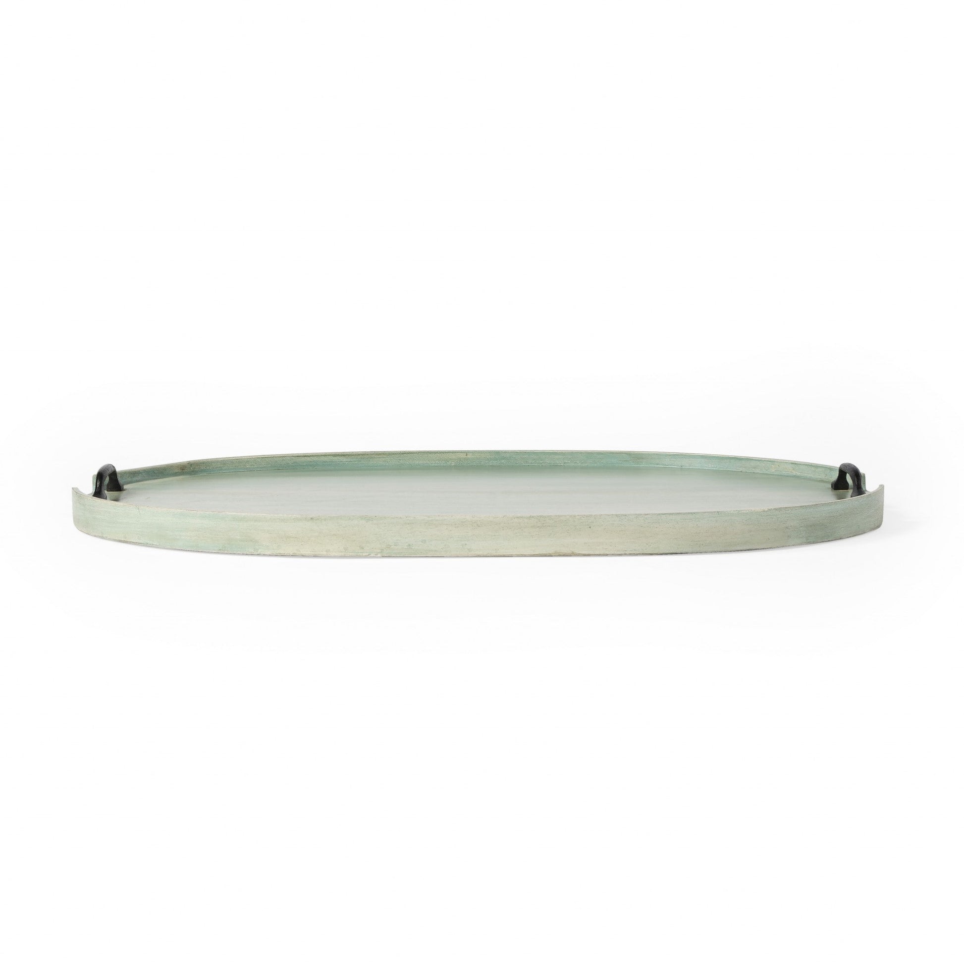 HomeRoots 27" Oval Mango Indoor Outdoor Tray With Handles in Green Finish