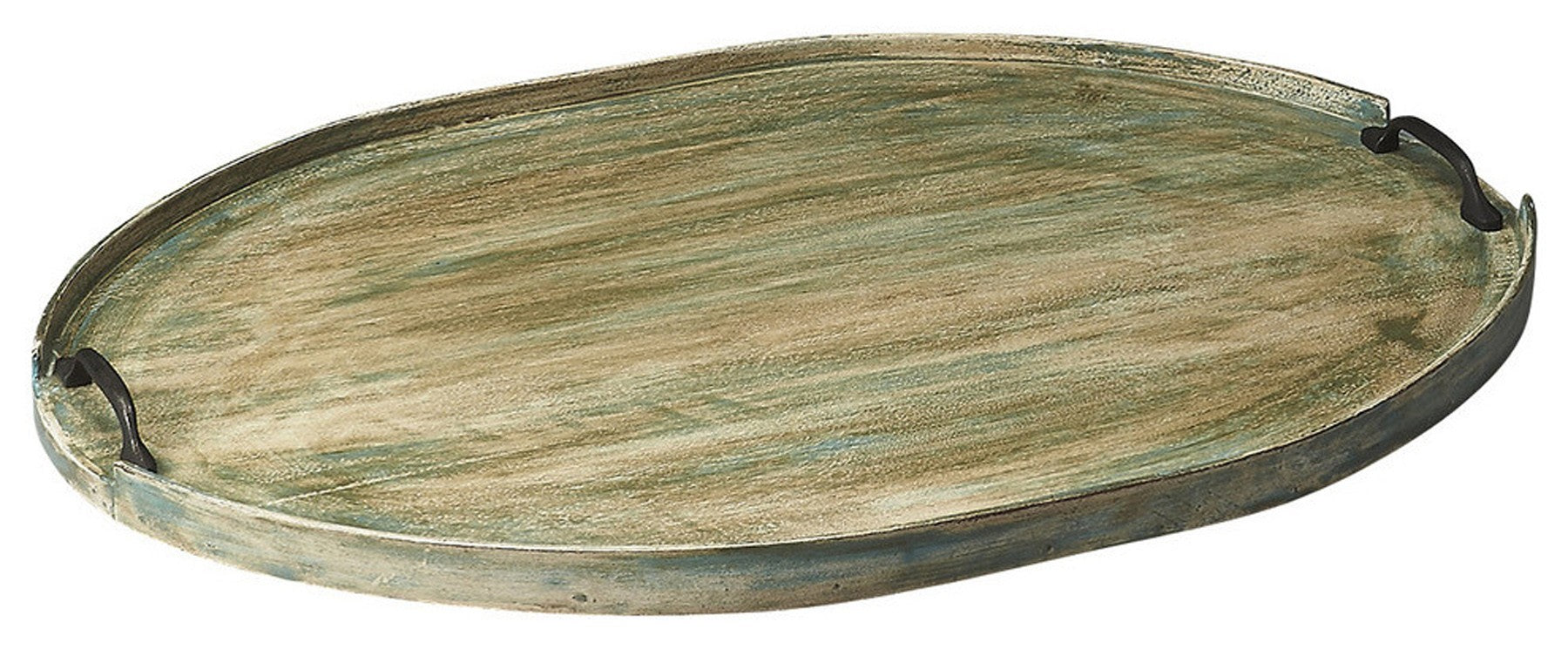 HomeRoots 27" Oval Mango Indoor Outdoor Tray With Handles in Green Finish