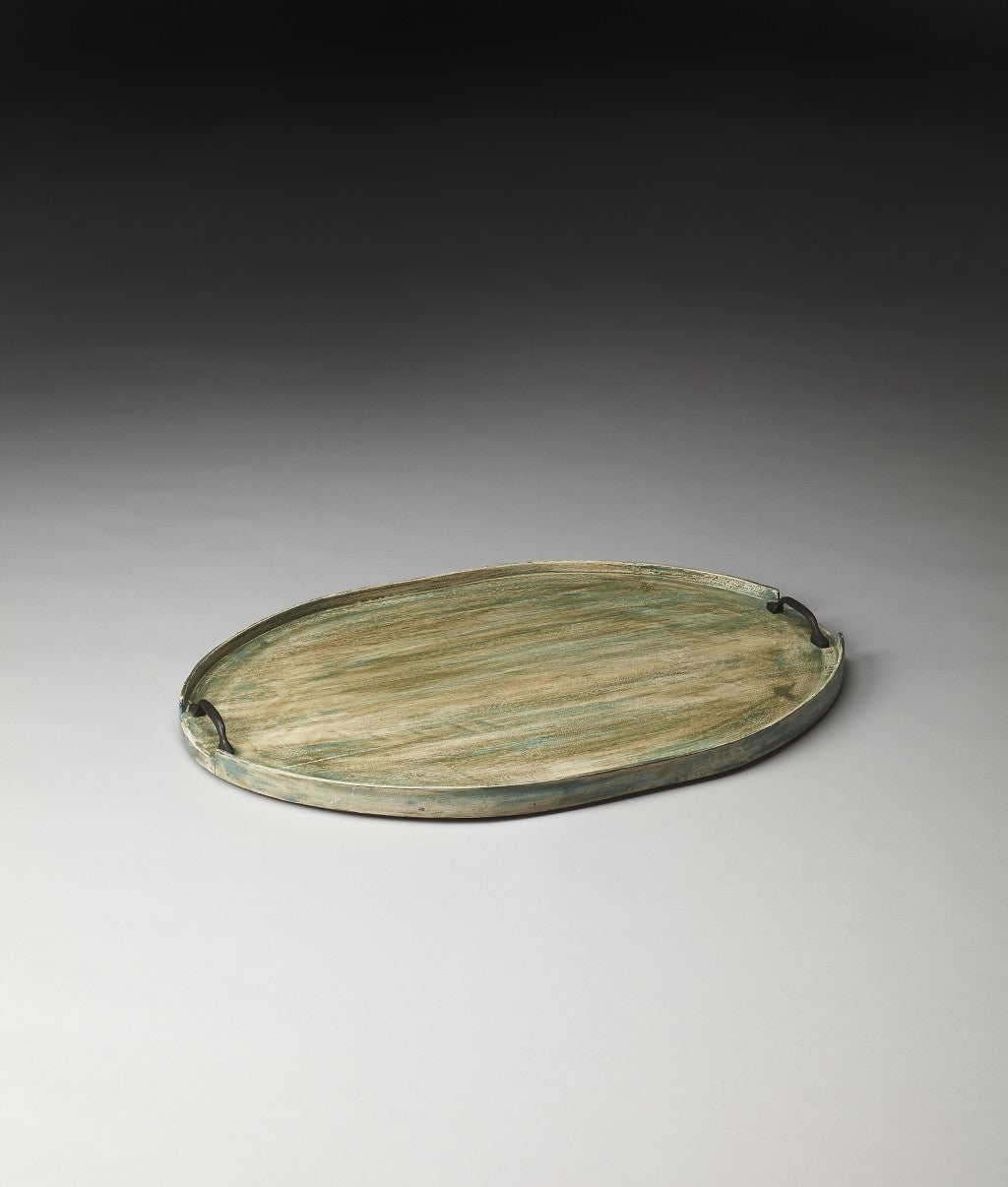 HomeRoots 27" Oval Mango Indoor Outdoor Tray With Handles in Green Finish
