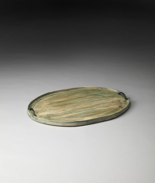 HomeRoots 27" Oval Mango Indoor Outdoor Tray With Handles in Green Finish