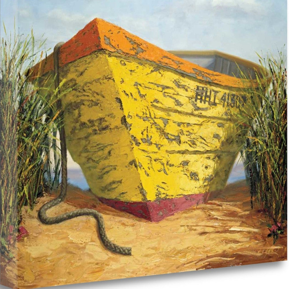 HomeRoots 27" Vintage Orange and Yellow Mini Boat Giclee Wrap Canvas Wall Art