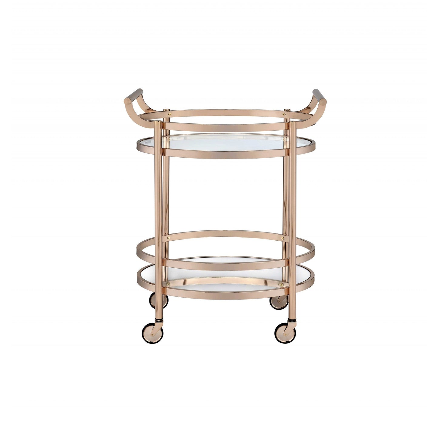 HomeRoots 27" x 19" x 34" Clear Glass And Rose Gold Serving Cart