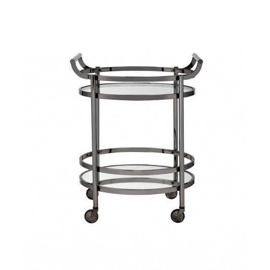 HomeRoots 27" x 19" x 34" Serving Cart In Clear Glass And Black Nickel Finish