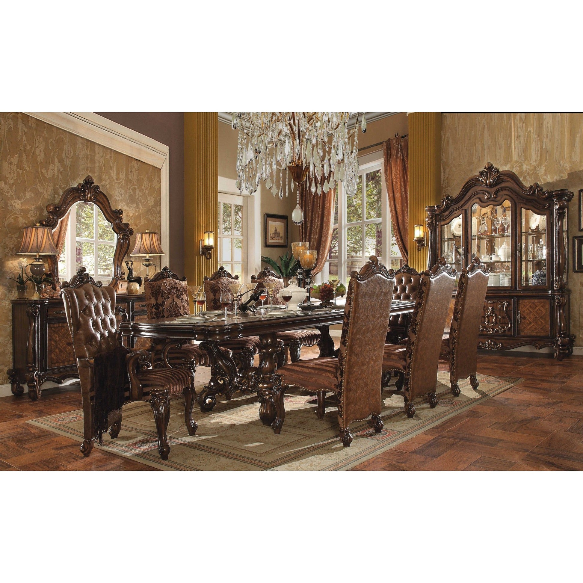 HomeRoots 27" x 22" x 49" 2-Tone Brown Faux Leather Fabric and Cherry Oak Upholstery Finish Side Chair in Set of Two