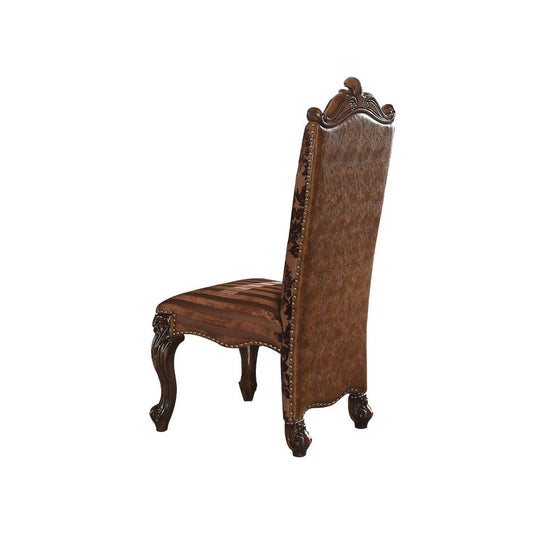 HomeRoots 27" x 22" x 49" 2-Tone Brown Faux Leather Fabric and Cherry Oak Upholstery Finish Side Chair in Set of Two