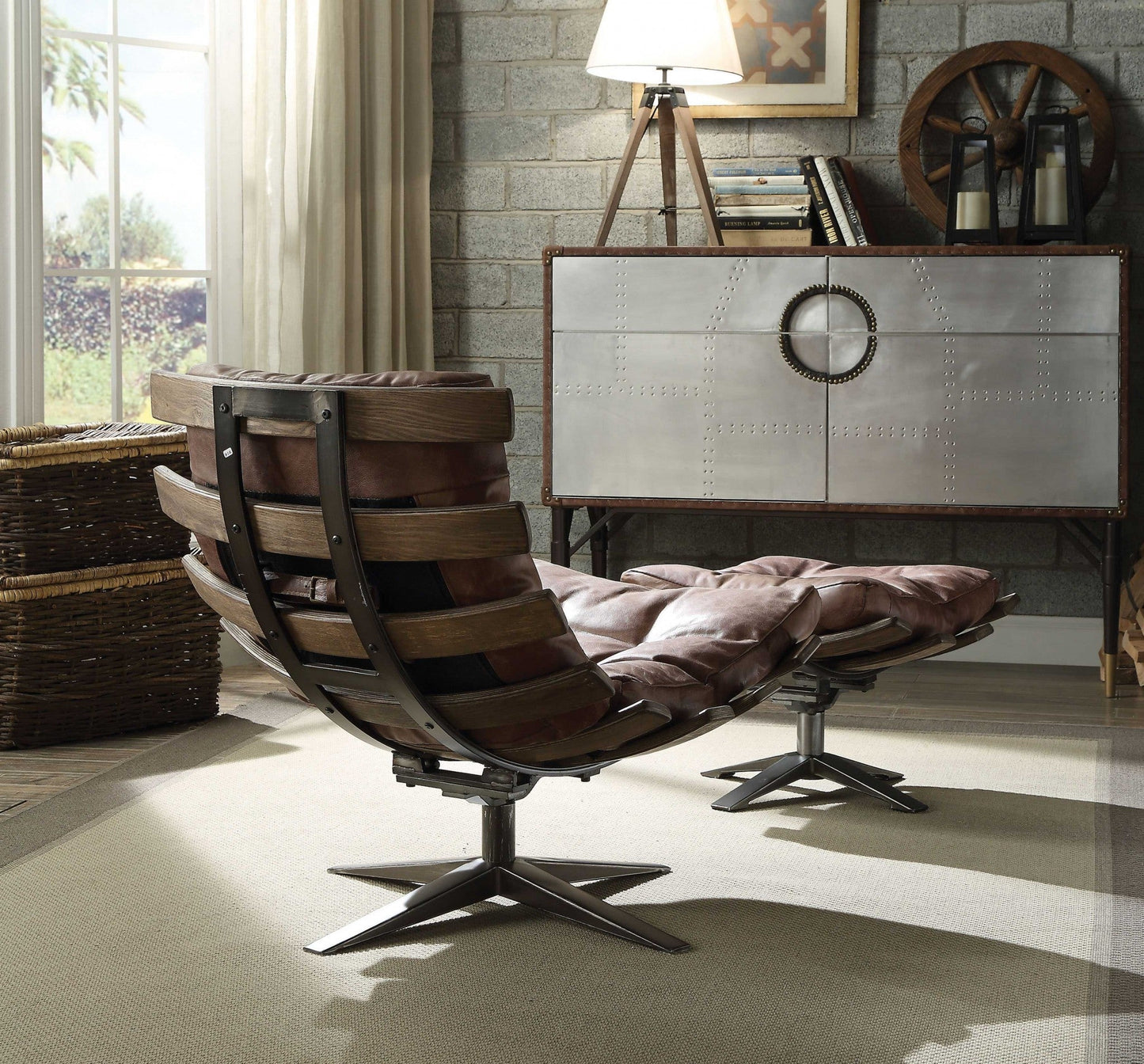 HomeRoots 27" x 35" x 33" Retro Brown Top Grain Leather Chair And Ottoman in Set of Two