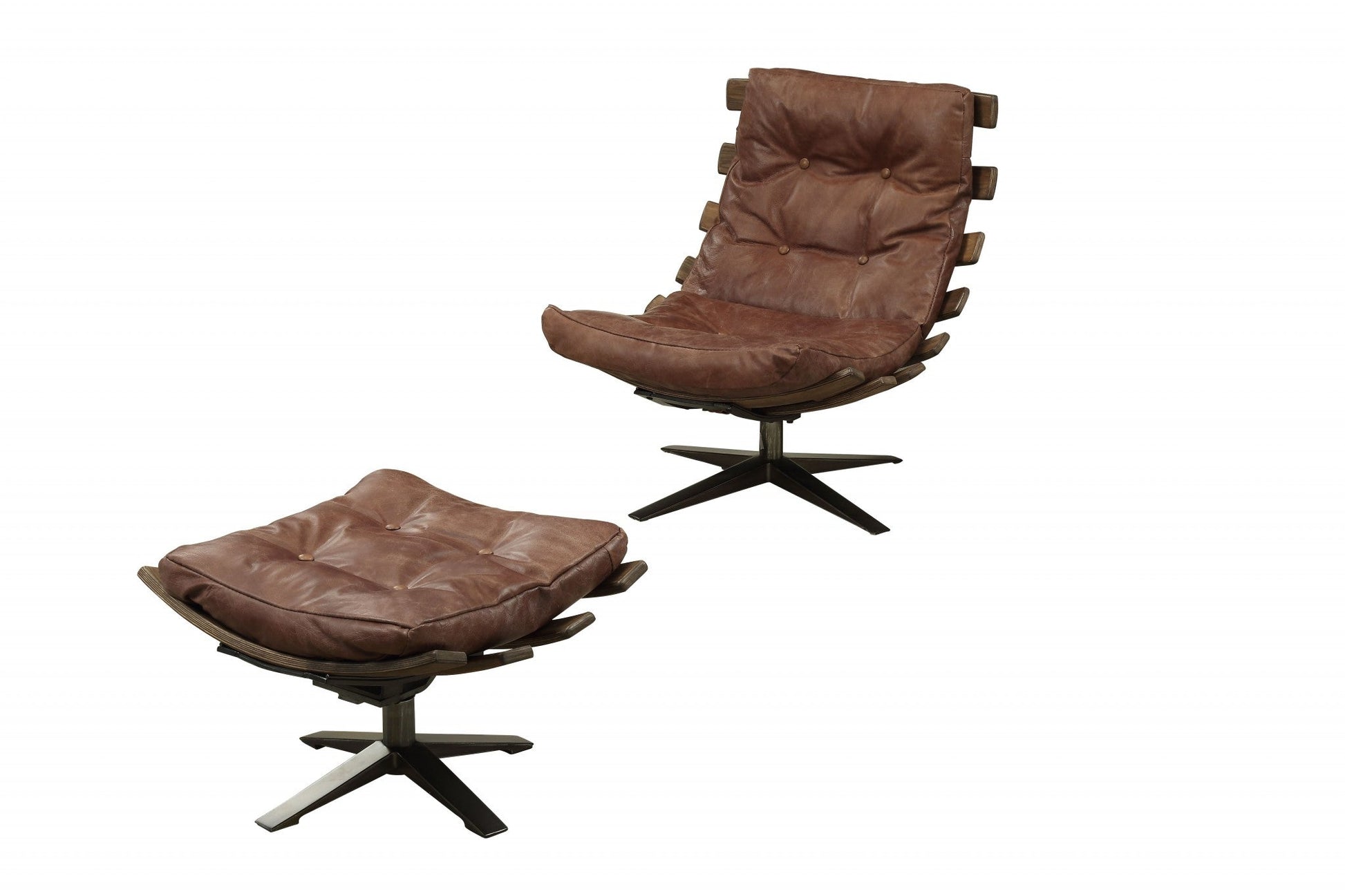 HomeRoots 27" x 35" x 33" Retro Brown Top Grain Leather Chair And Ottoman in Set of Two