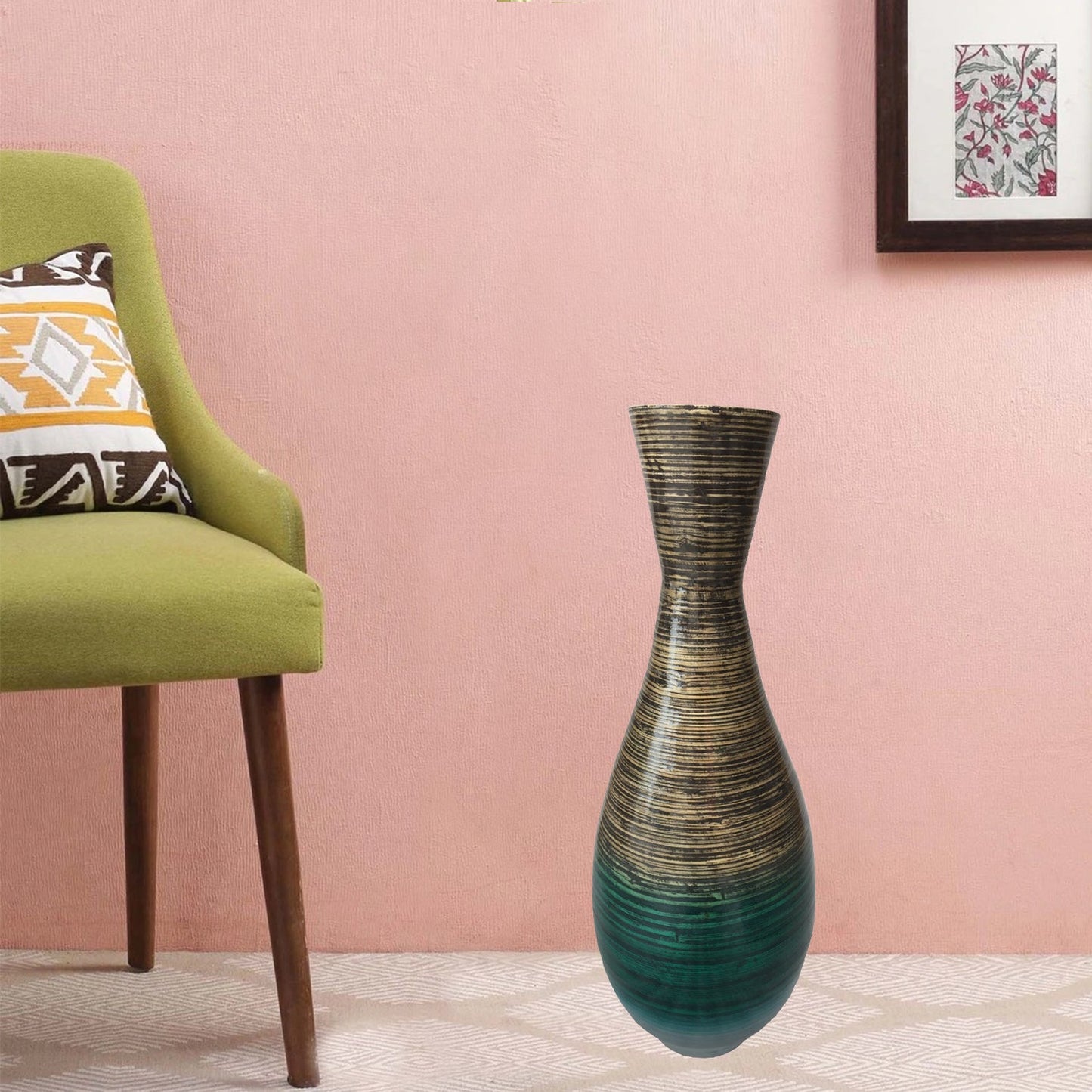 HomeRoots 28" Distressed Aqua Spun Bamboo Artisan Floor Vase