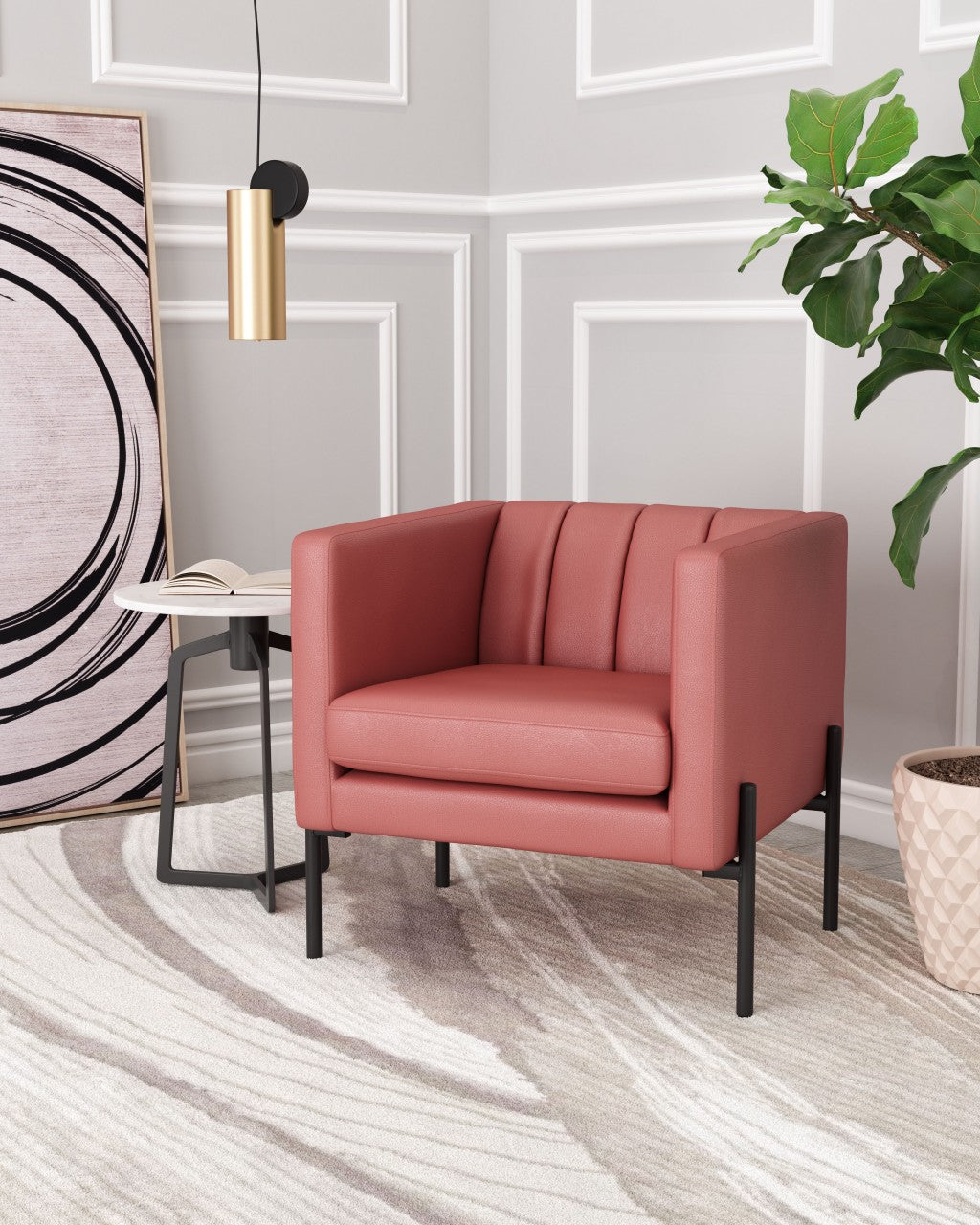HomeRoots 28" Faux Leather Tufted Barrel Chair in Rust and Black Finish