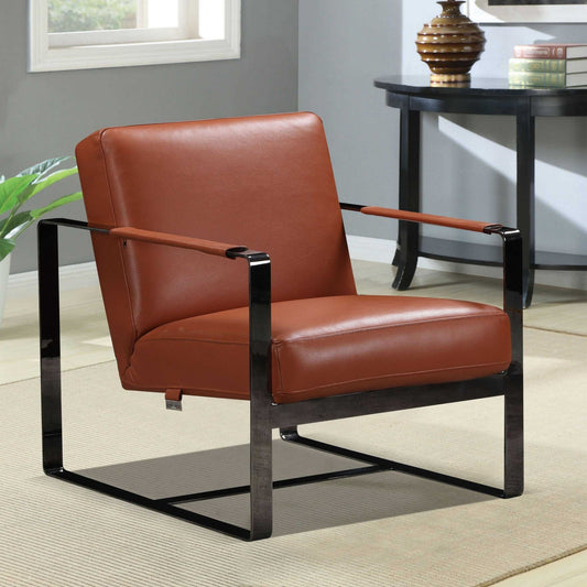 HomeRoots 28" Genuine Leather Arm Chair in Camel and Black Finish