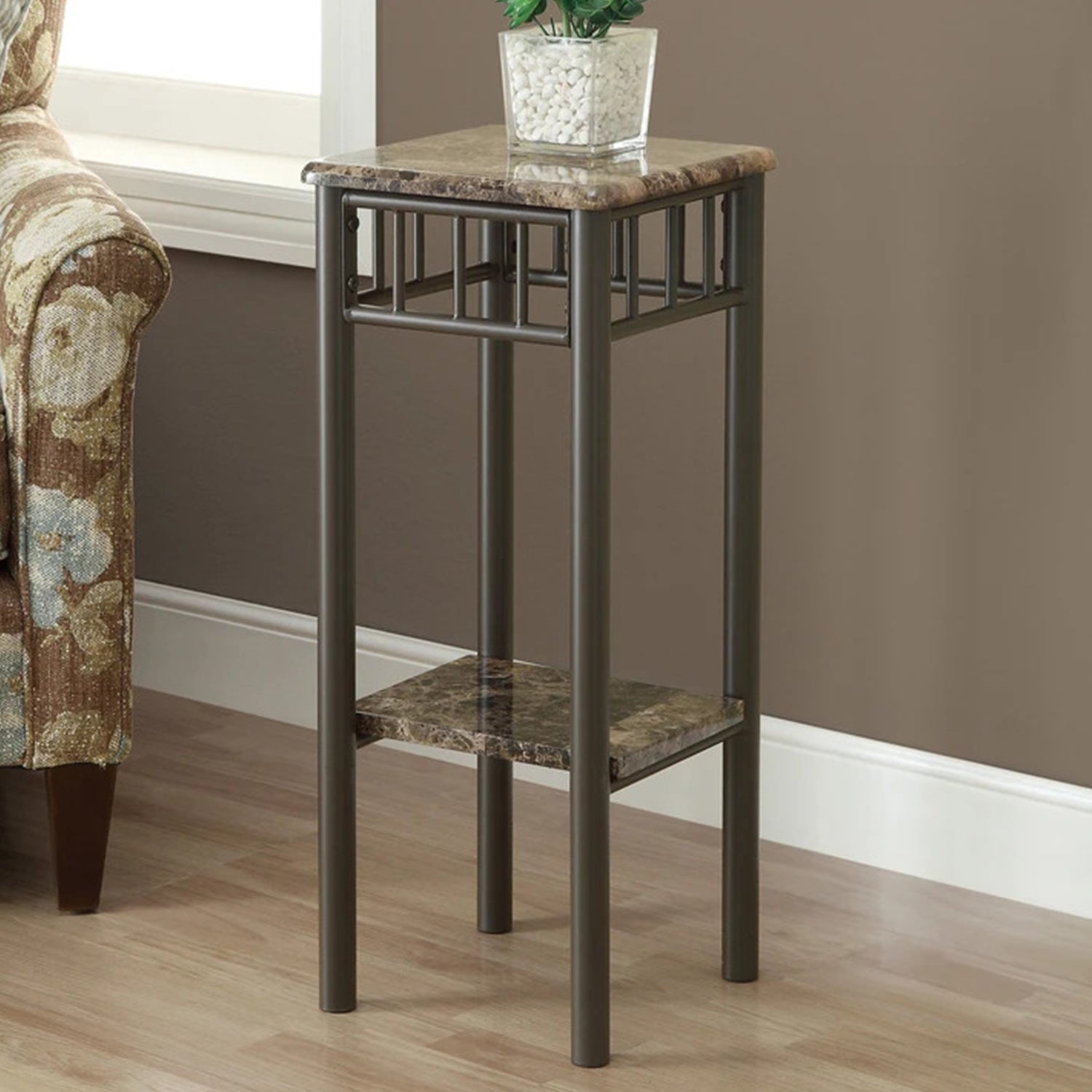 HomeRoots 28" Genuine Marble Look Square End Table in Black And Cappuccino Finish