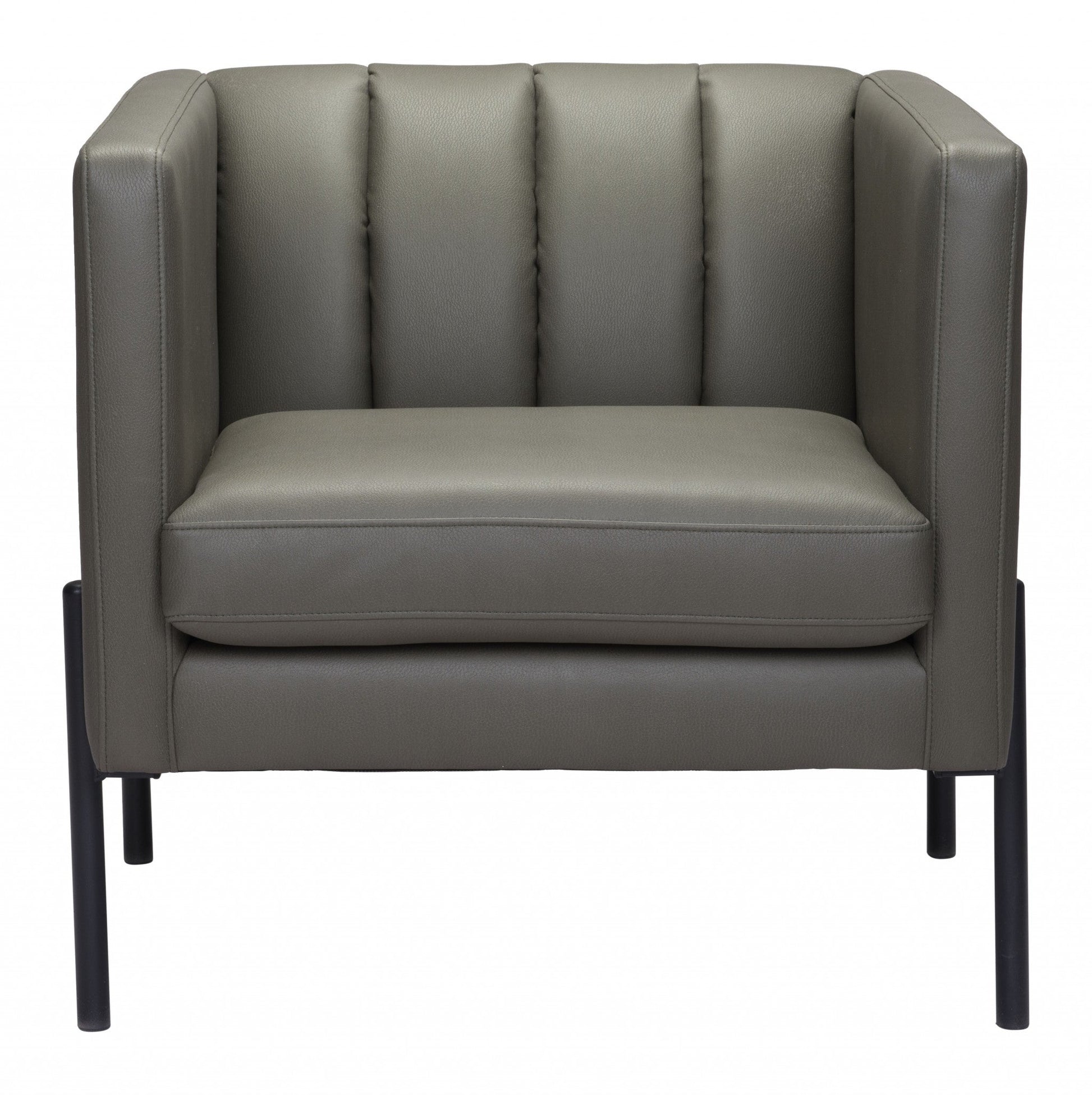 HomeRoots 28" Modern Cube Faux Leather Accent Chair With Dark Khaki Green and Black Finish