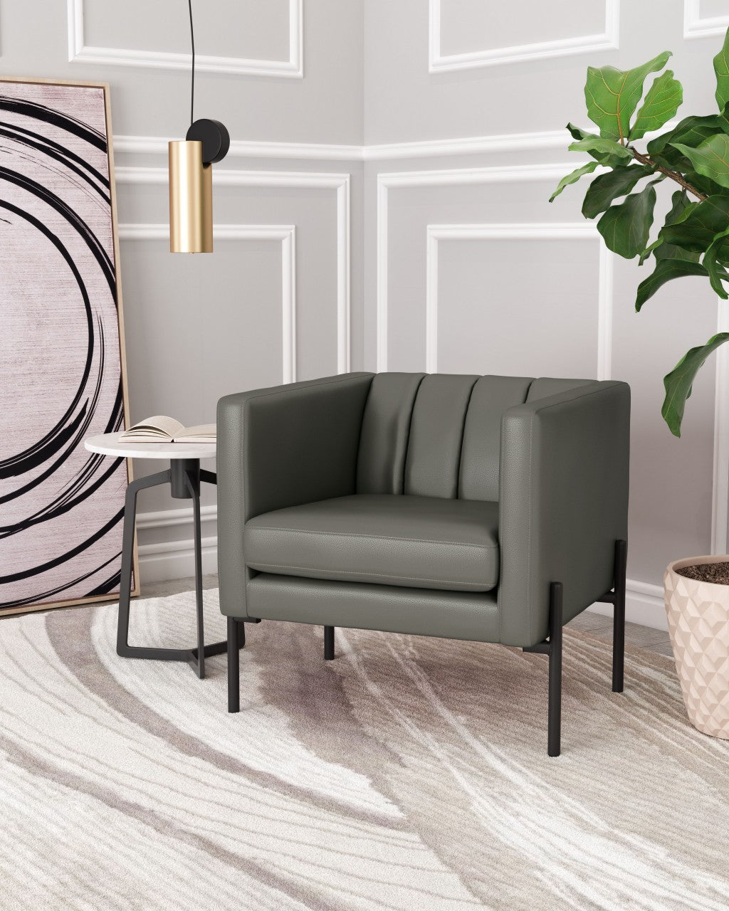HomeRoots 28" Modern Cube Faux Leather Accent Chair With Dark Khaki Green and Black Finish