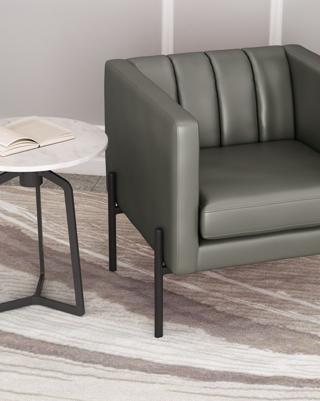 HomeRoots 28" Modern Cube Faux Leather Accent Chair With Dark Khaki Green and Black Finish