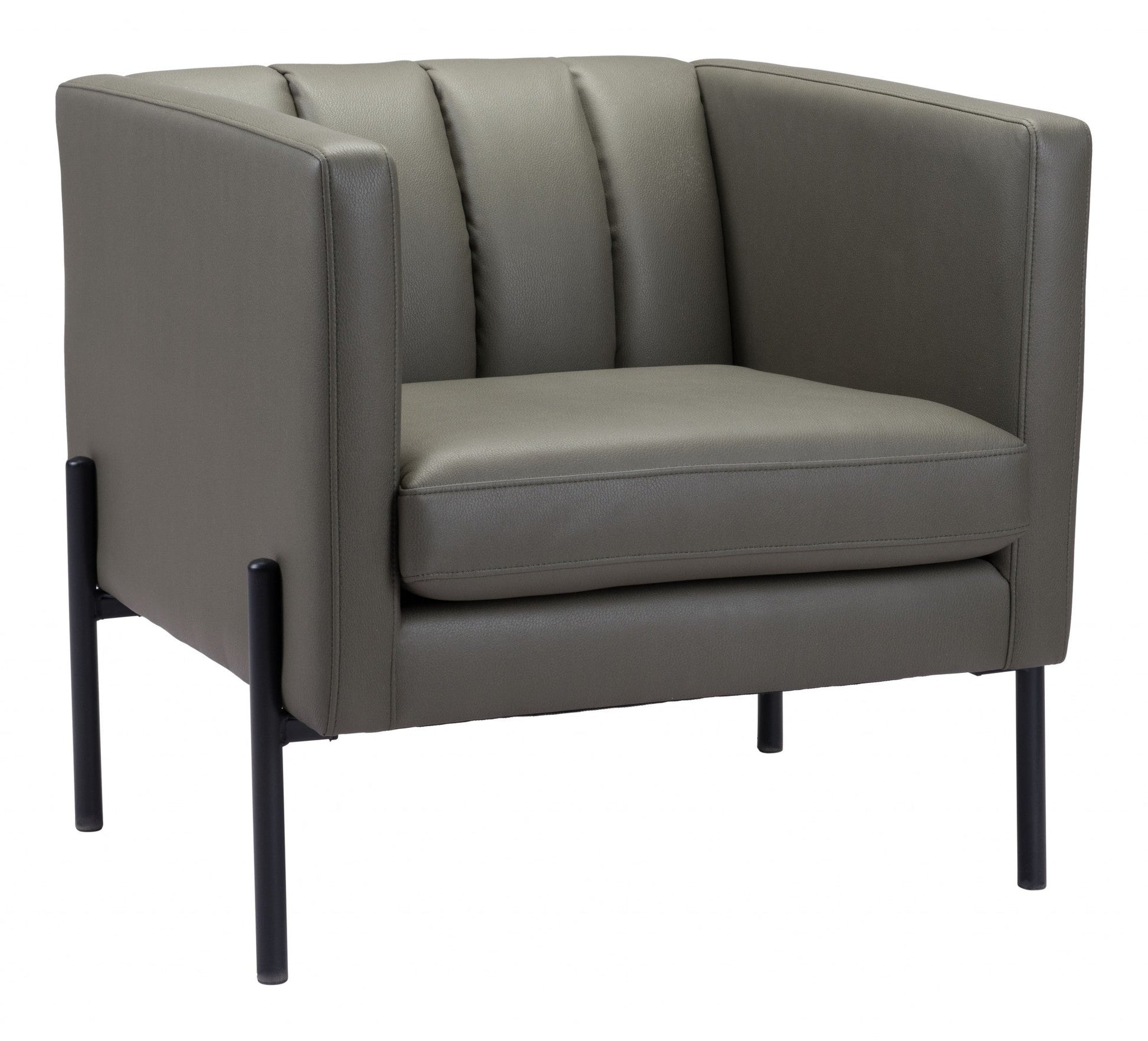 HomeRoots 28" Modern Cube Faux Leather Accent Chair With Dark Khaki Green and Black Finish