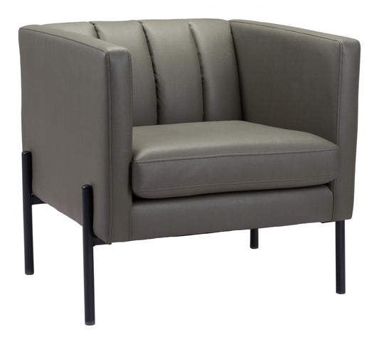 HomeRoots 28" Modern Cube Faux Leather Accent Chair With Dark Khaki Green and Black Finish