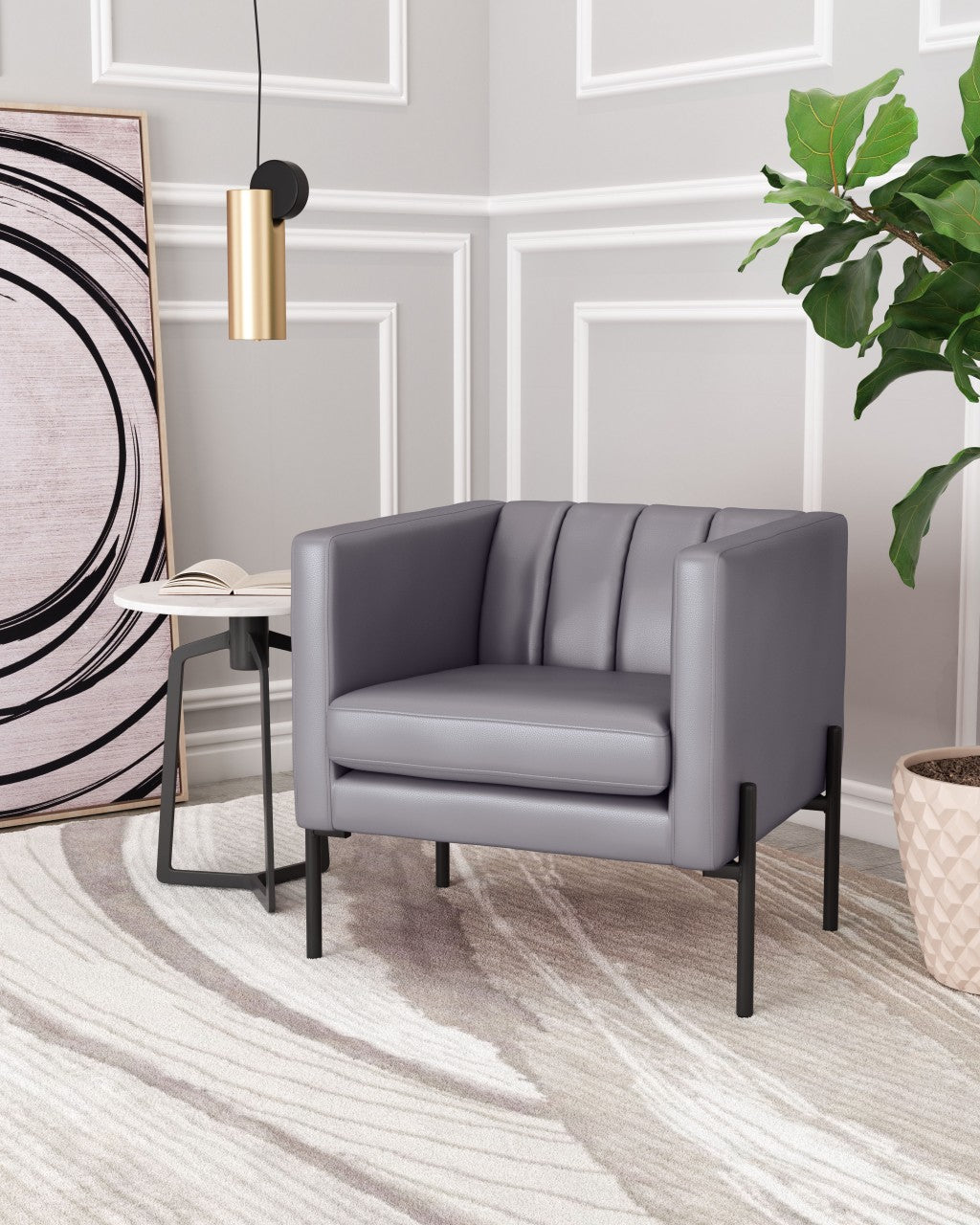 HomeRoots 28" Modern Cube Faux Leather Accent Chair With Light Gray and Black Finish