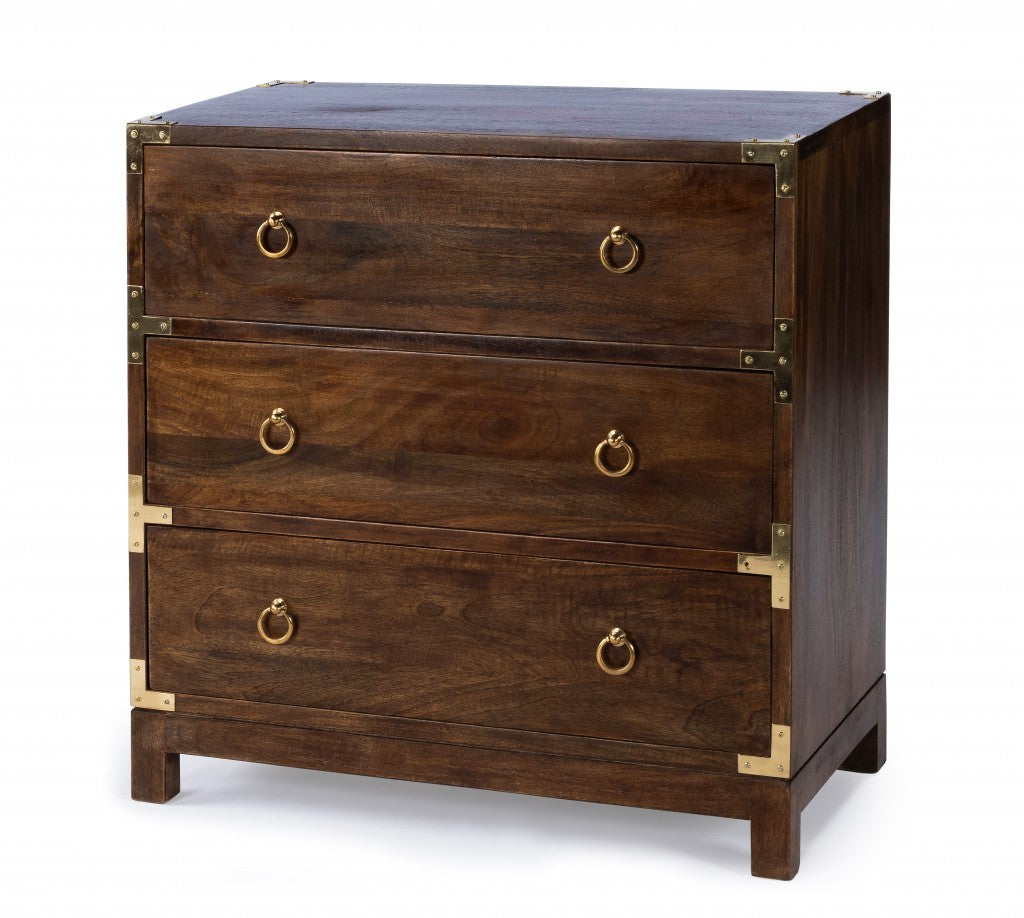 HomeRoots 28" Solid Wood Three Drawer Dresser in Brown Finish