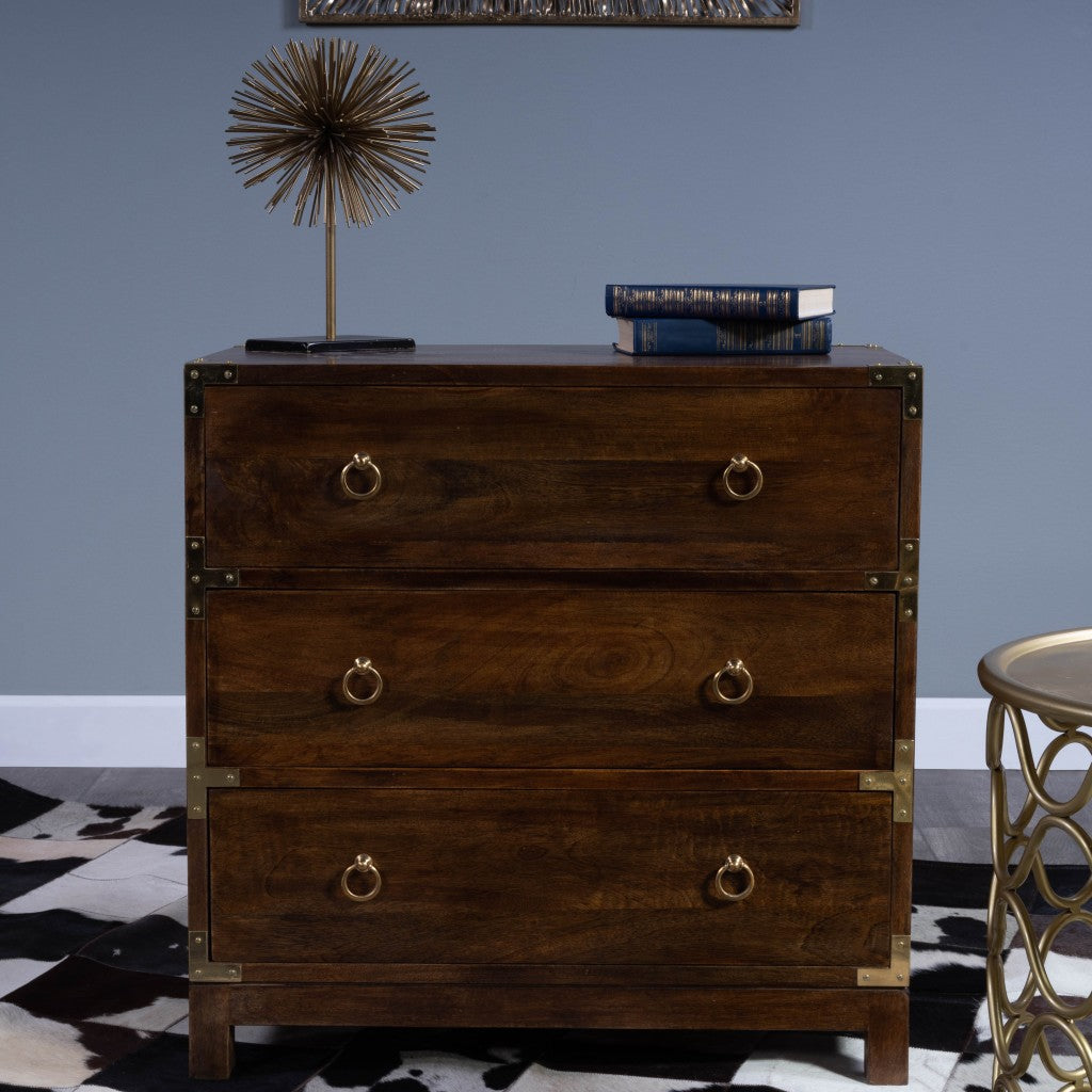 HomeRoots 28" Solid Wood Three Drawer Dresser in Brown Finish