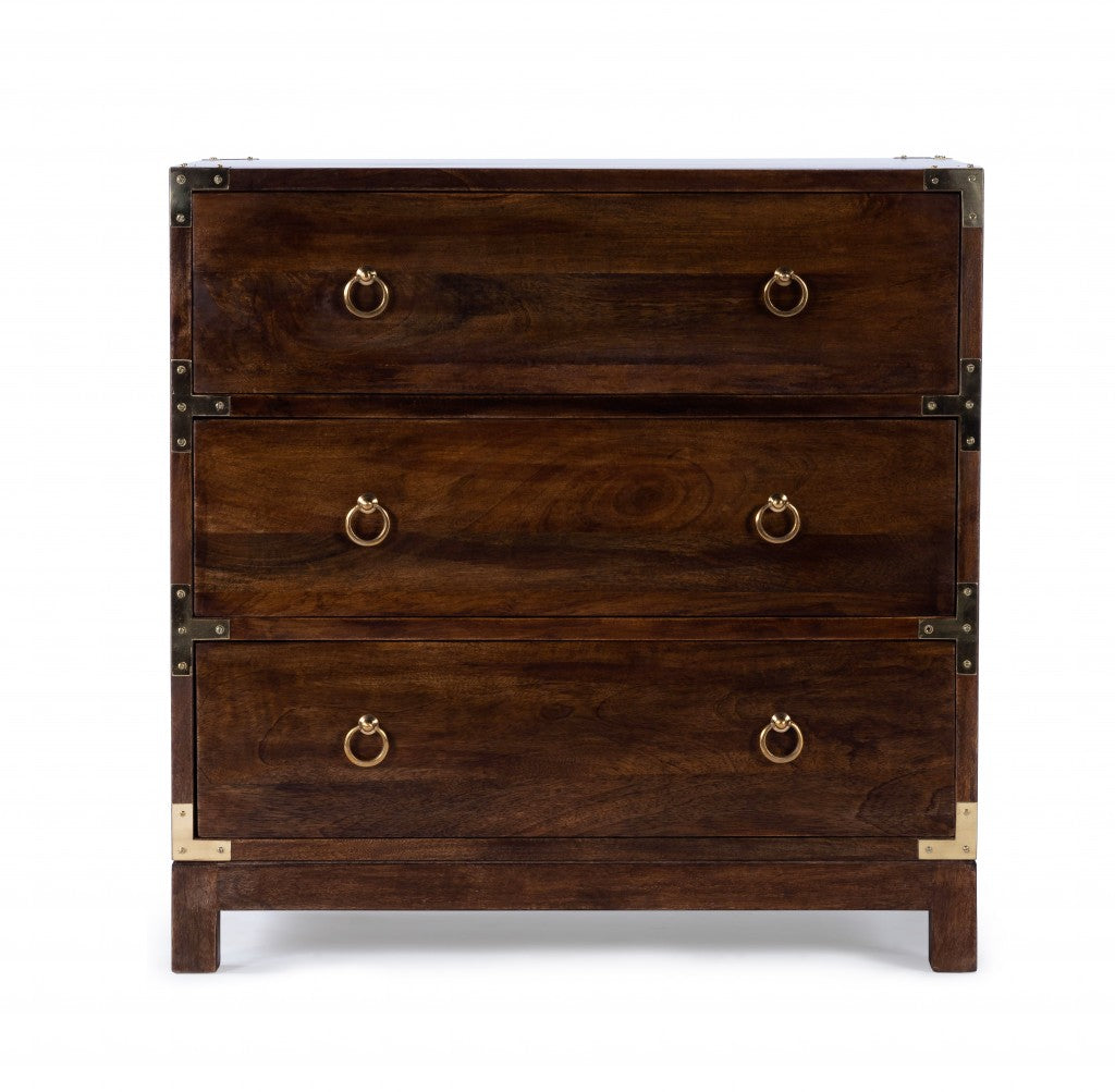 HomeRoots 28" Solid Wood Three Drawer Dresser in Brown Finish