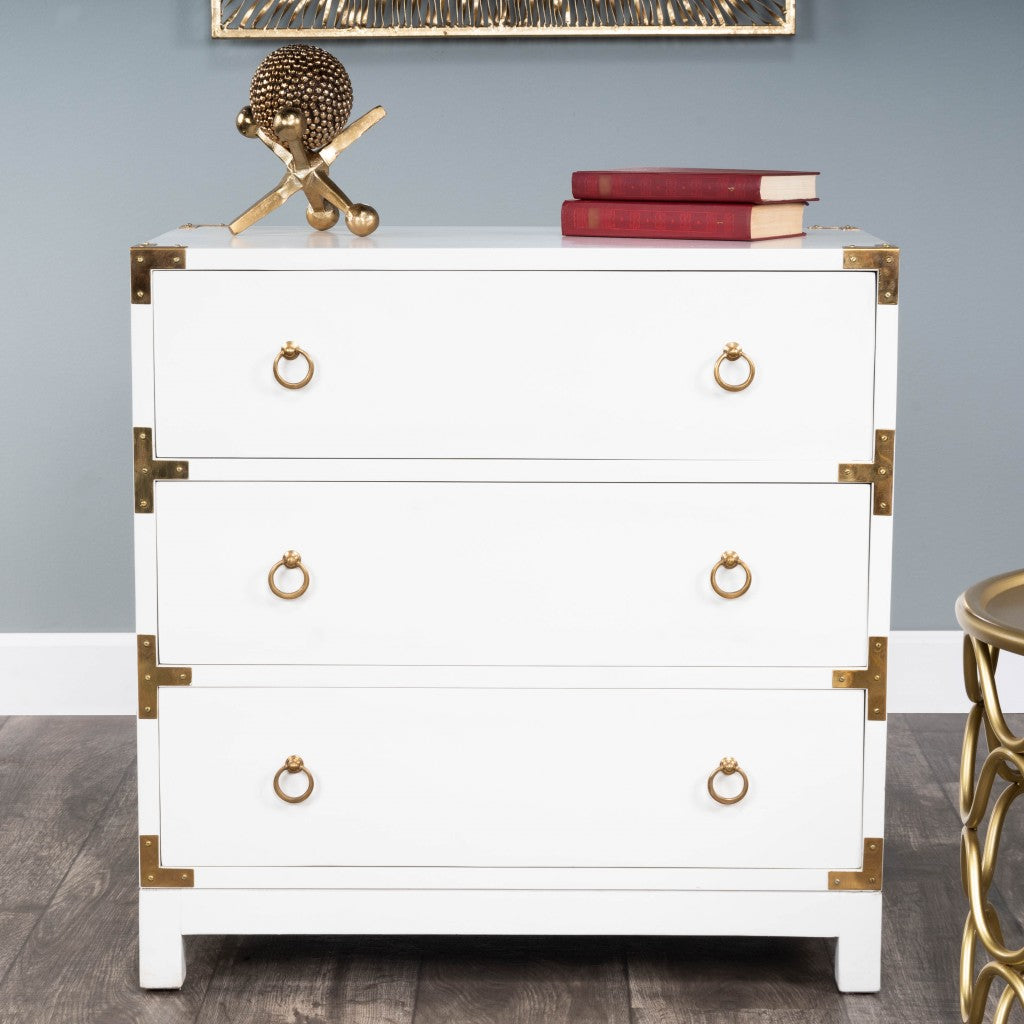 HomeRoots 28" Solid Wood Three Drawer Dresser in Glossy White Finish