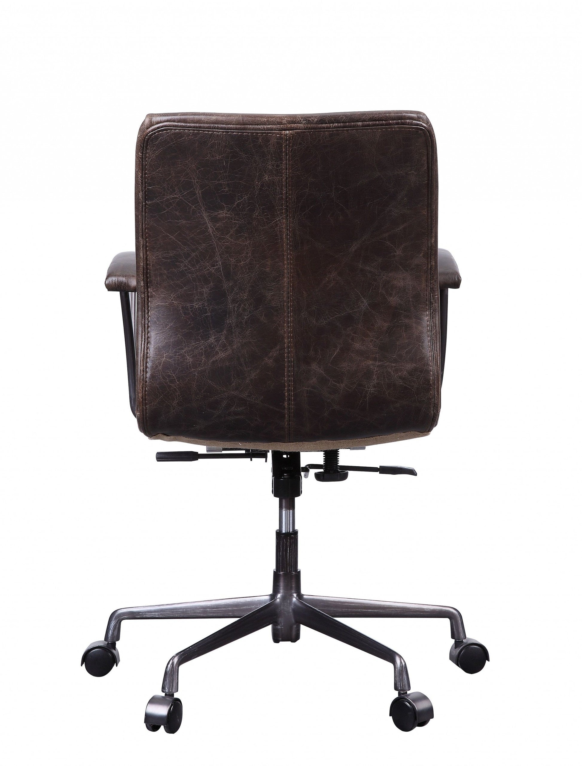 HomeRoots 28" x 25" x 38" Distress Chocolate Top Grain Leather Metal Upholstered (Seat) Casters Engineered Wood Executive Office Chair