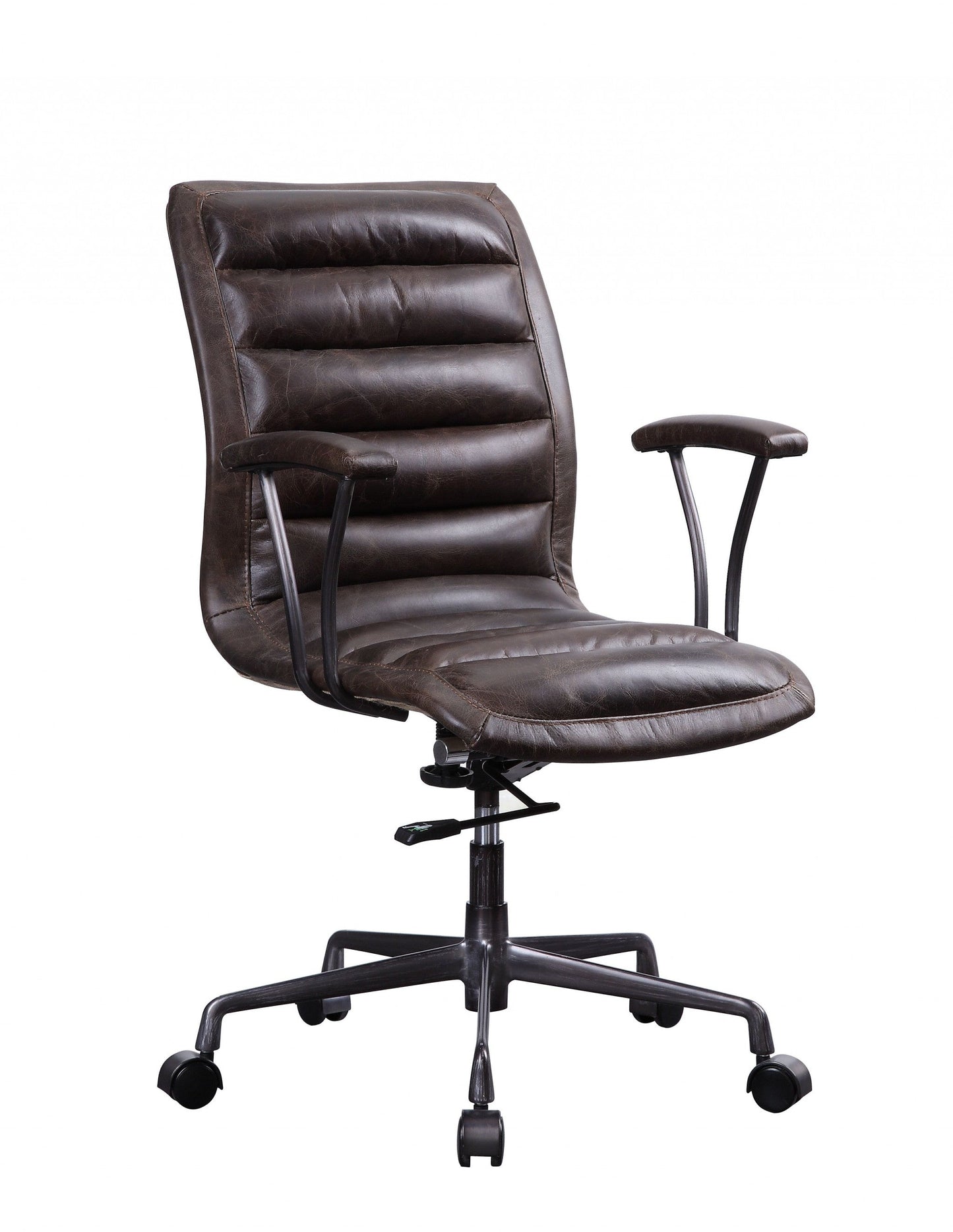 HomeRoots 28" x 25" x 38" Distress Chocolate Top Grain Leather Metal Upholstered (Seat) Casters Engineered Wood Executive Office Chair