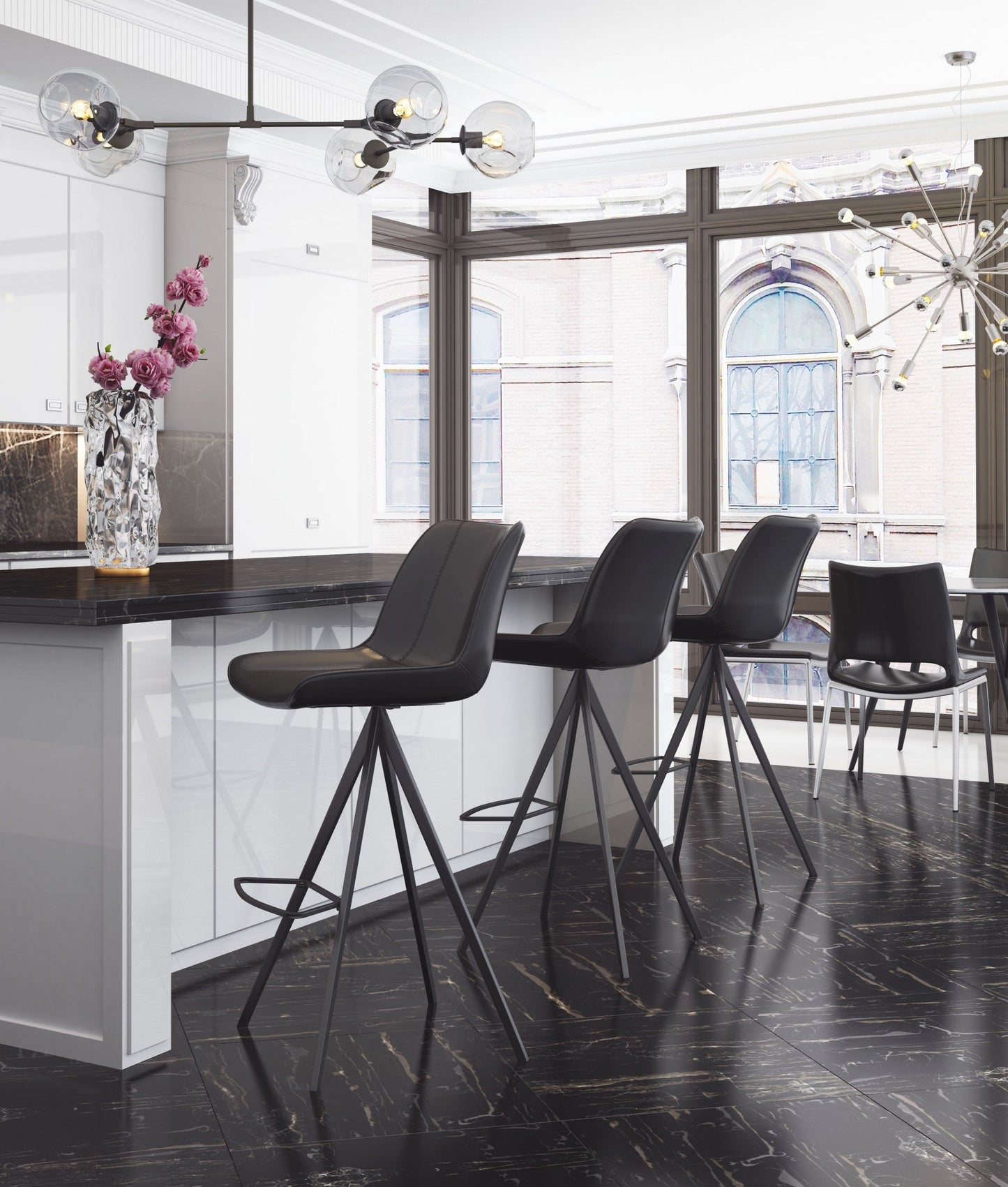 HomeRoots 29" Black Steel Low Back Bar Height Chairs in Set of Two