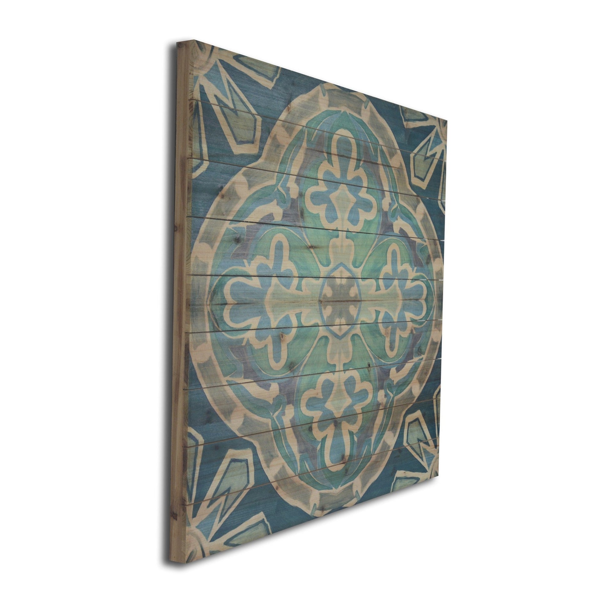HomeRoots 29" Blue and Aqua Medallion Wood Plank Wall Art