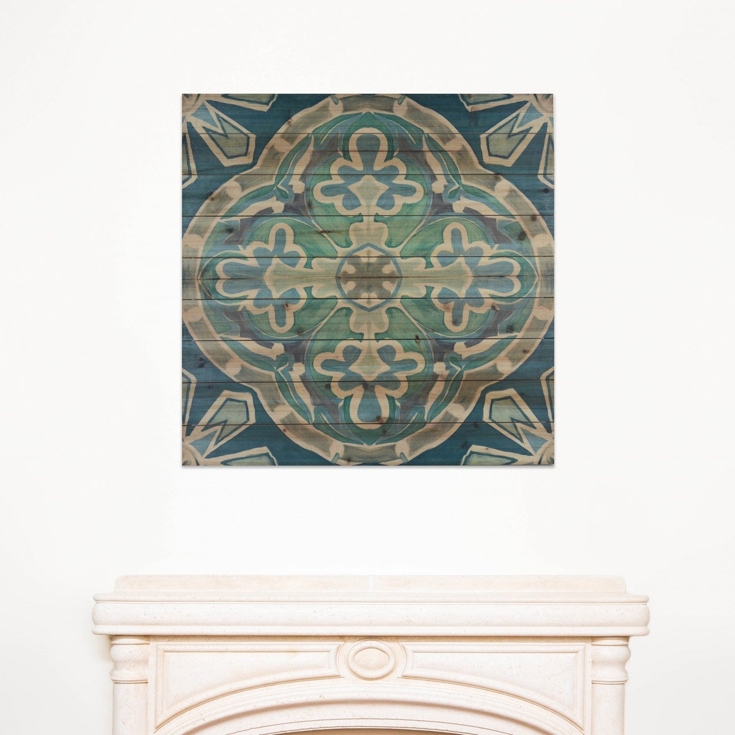 HomeRoots 29" Blue and Aqua Medallion Wood Plank Wall Art