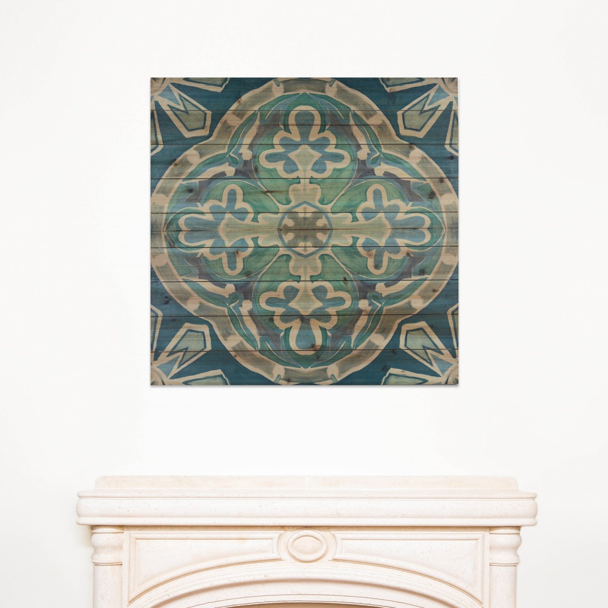 HomeRoots 29" Blue and Aqua Medallion Wood Plank Wall Art