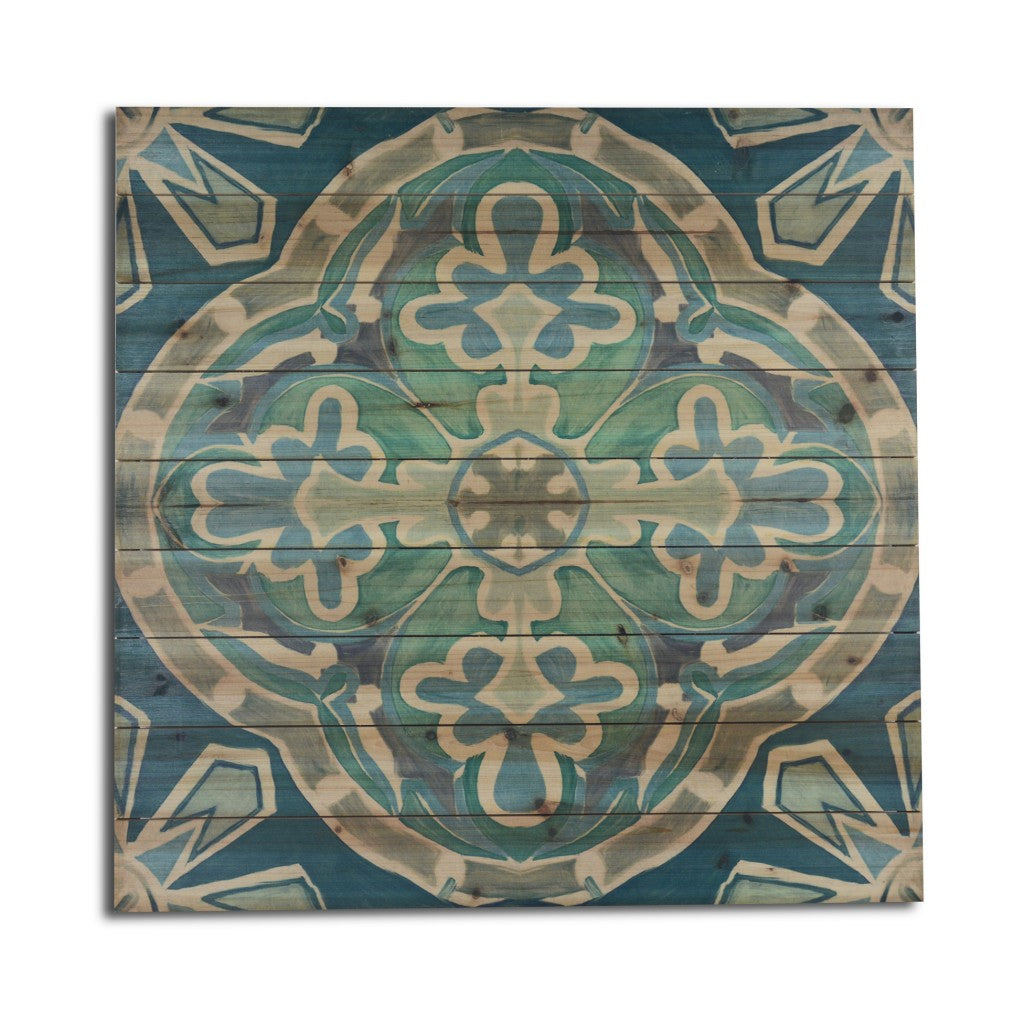 HomeRoots 29" Blue and Aqua Medallion Wood Plank Wall Art