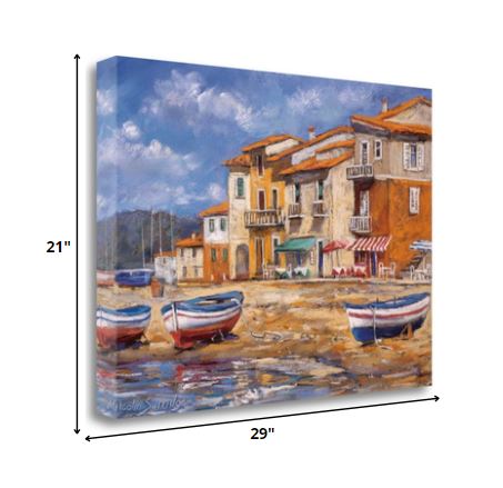 HomeRoots 29" Boats Docked Near Cafes Bright Sunny Day Giclee Wrap Canvas Wall Art