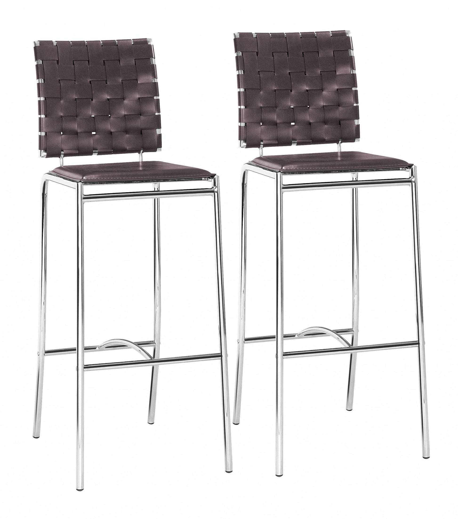 HomeRoots 29" Espresso And Silver Steel Low Back Bar Height Chairs in Set of Two
