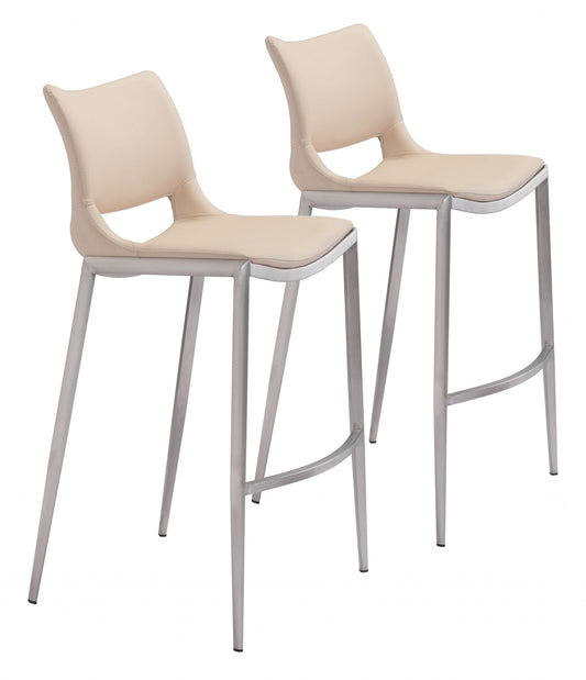 HomeRoots 29" Light Pink And Silver Steel Low Back Bar Height Chairs in Set of Two