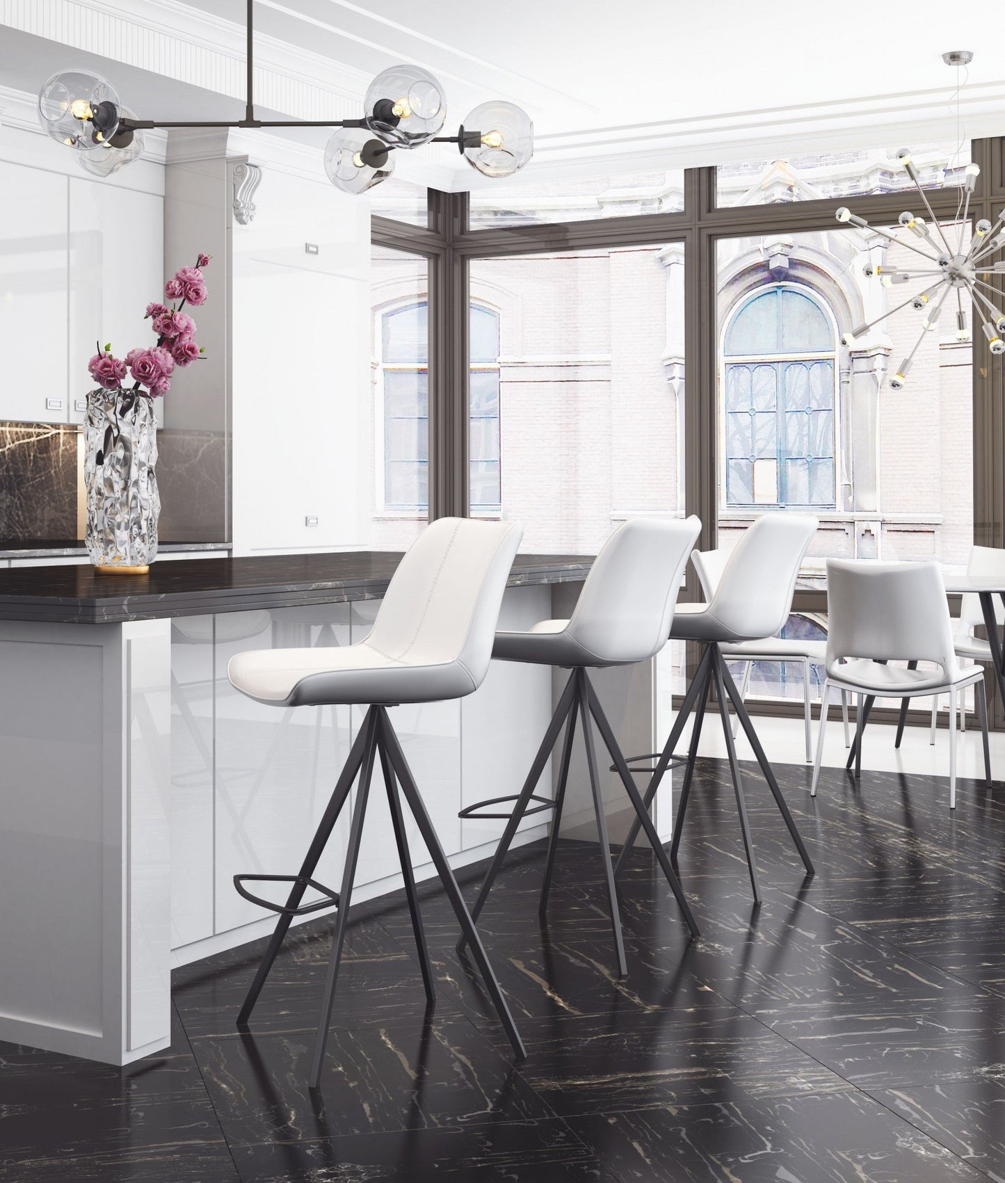 HomeRoots 29" White And Black Steel Low Back Bar Height Chairs in Set of Two