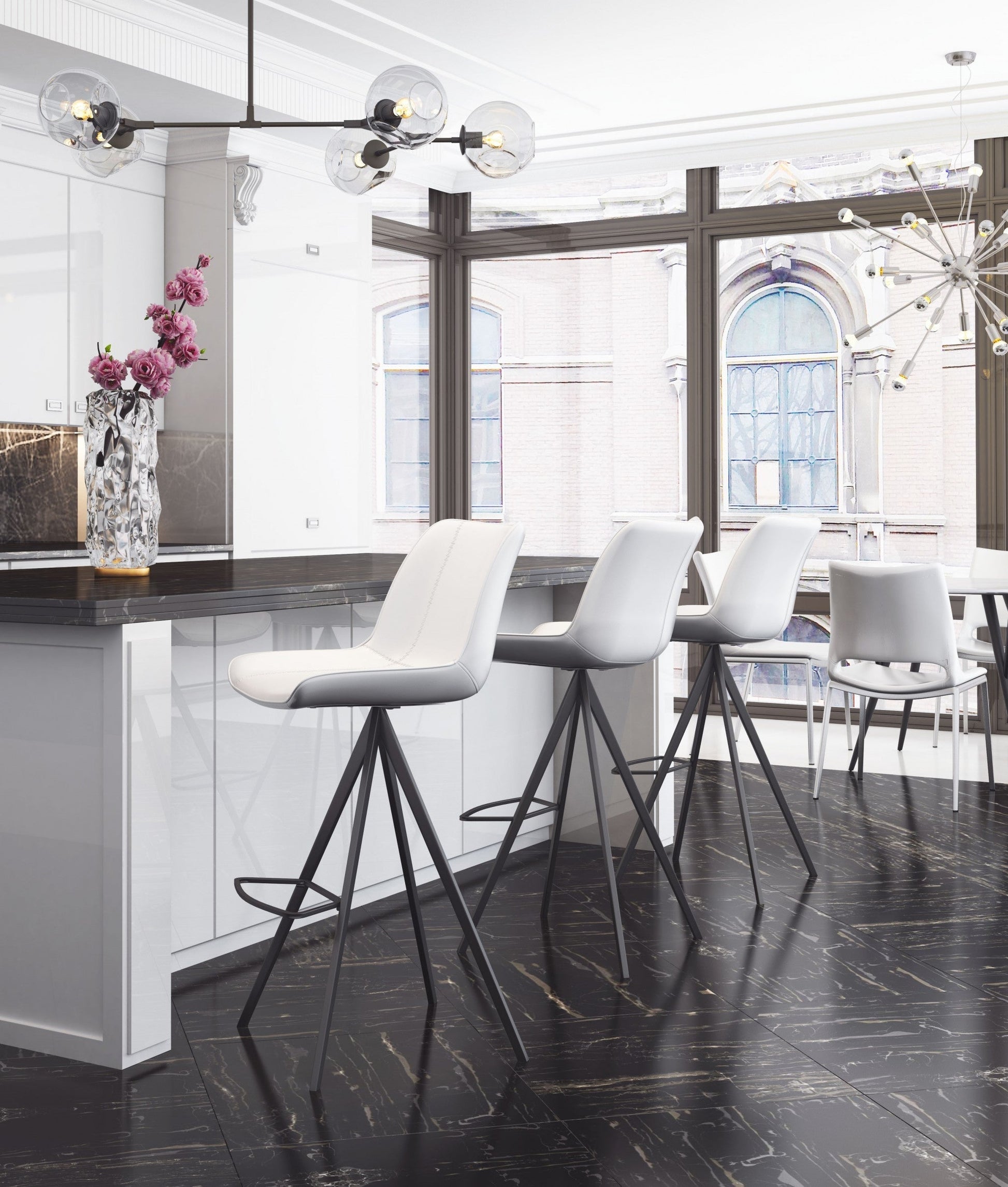 HomeRoots 29" White And Black Steel Low Back Bar Height Chairs in Set of Two