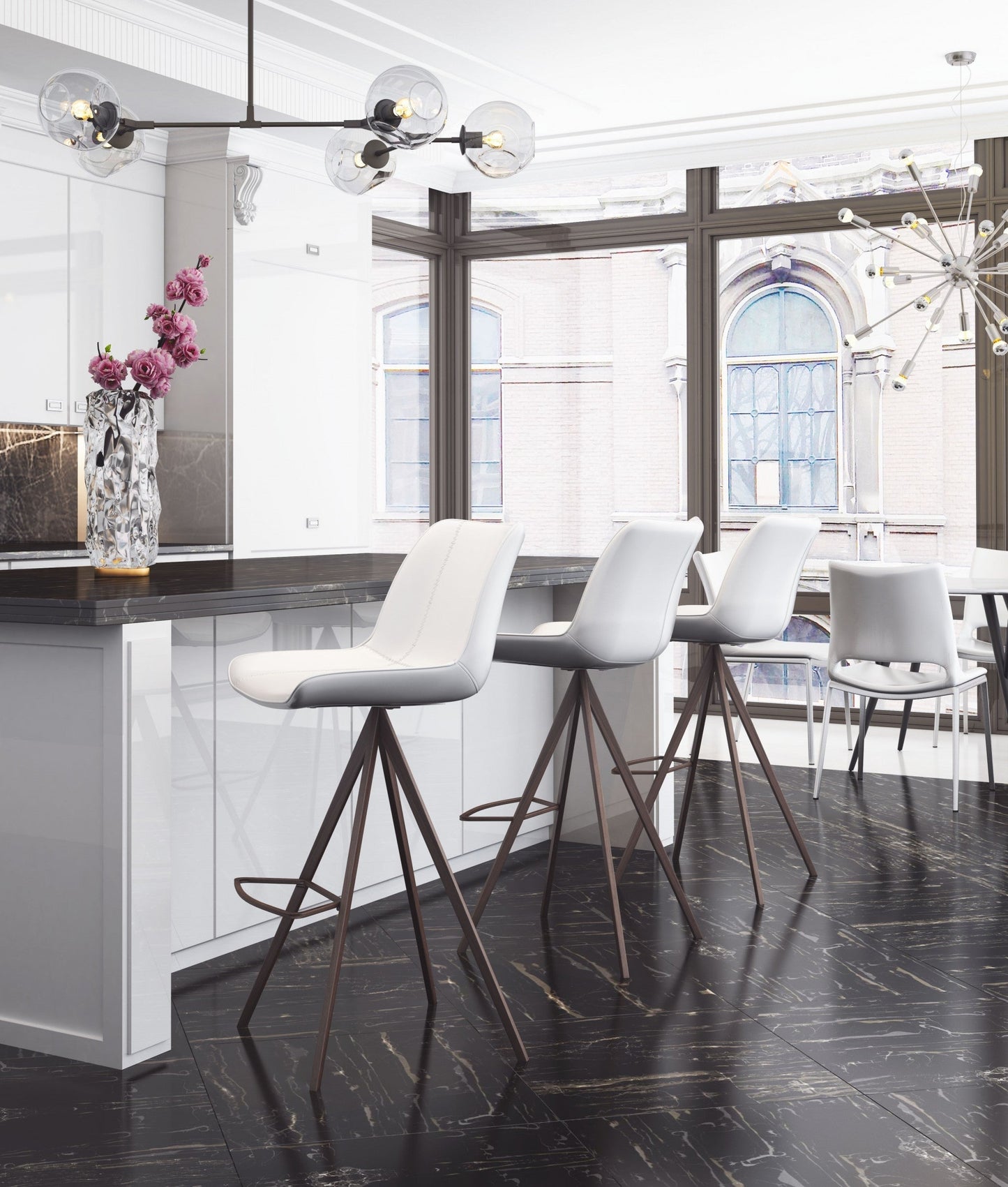 HomeRoots 29" White And Black Steel Low Back Bar Height Chairs in Set of Two