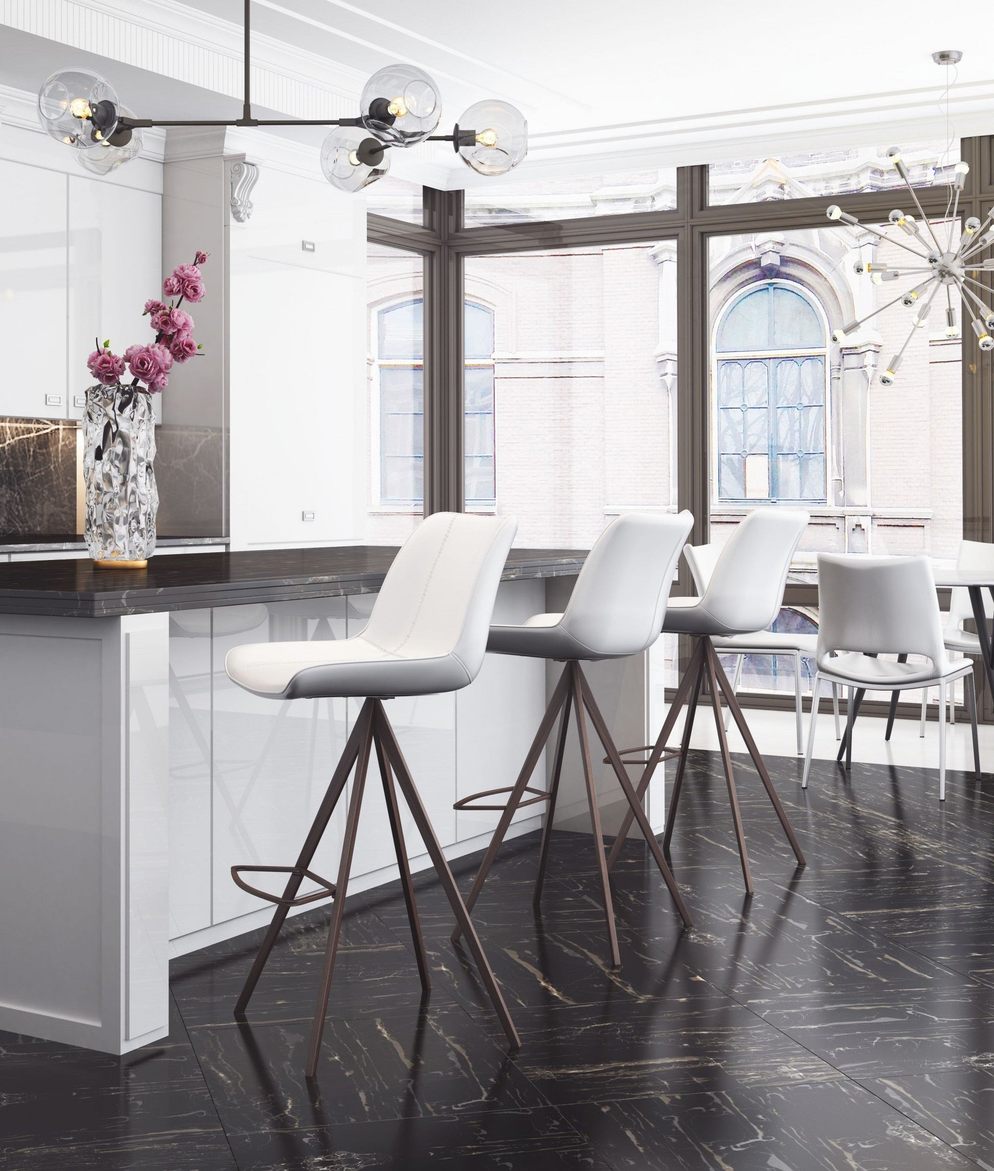 HomeRoots 29" White And Black Steel Low Back Bar Height Chairs in Set of Two