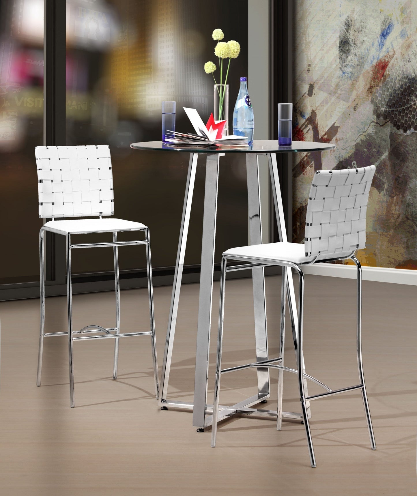HomeRoots 29" White And Silver Steel Low Back Bar Height Chairs in Set of Two
