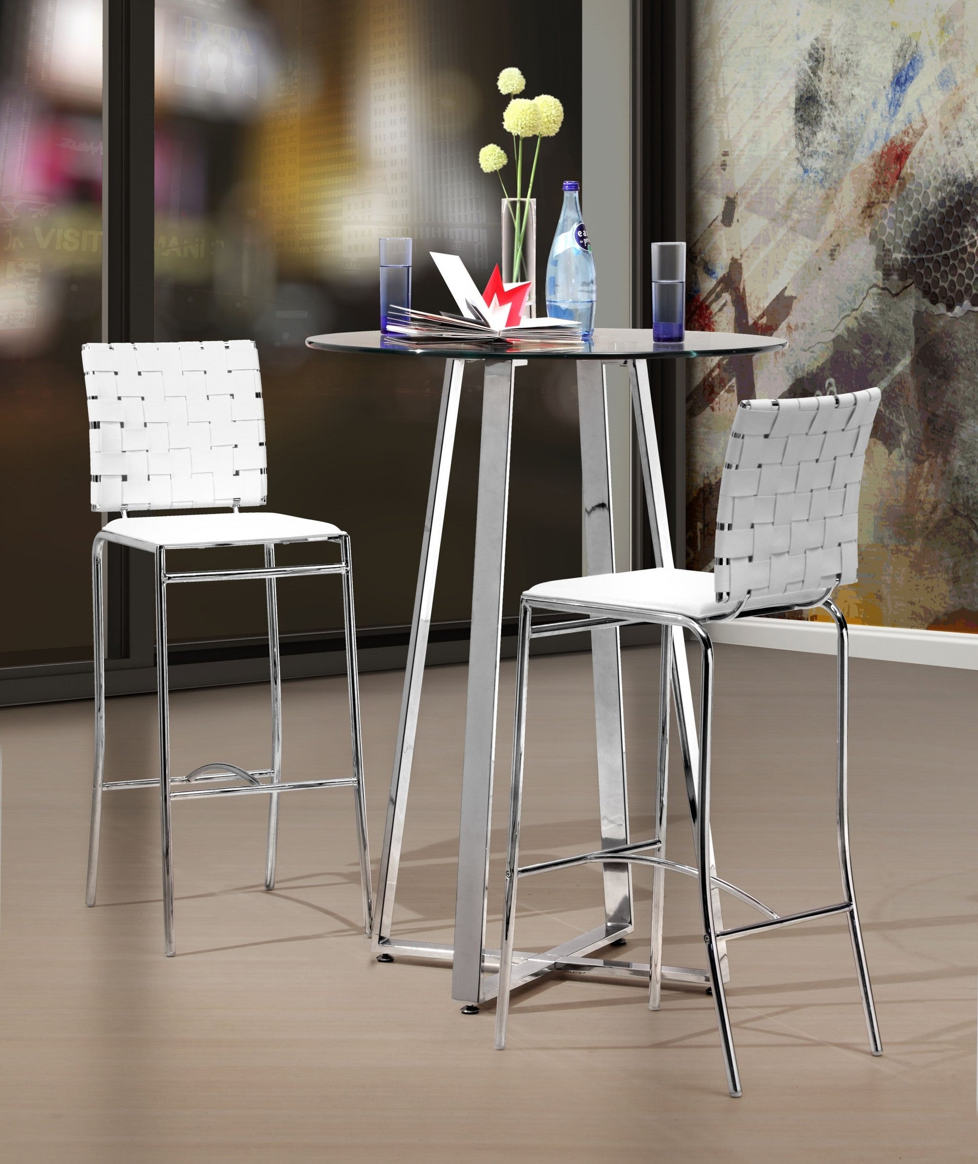 HomeRoots 29" White And Silver Steel Low Back Bar Height Chairs in Set of Two