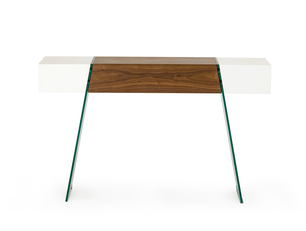 HomeRoots 29" White and Walnut Veneer MDF and Glass Floating Console Table