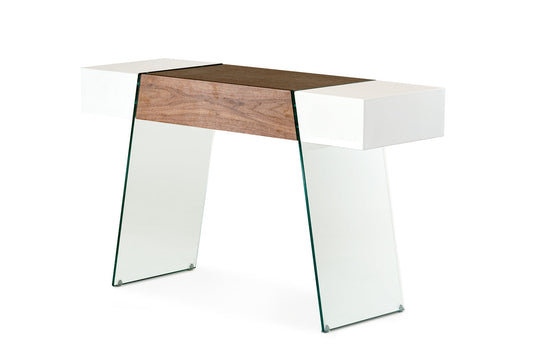 HomeRoots 29" White and Walnut Veneer MDF and Glass Floating Console Table